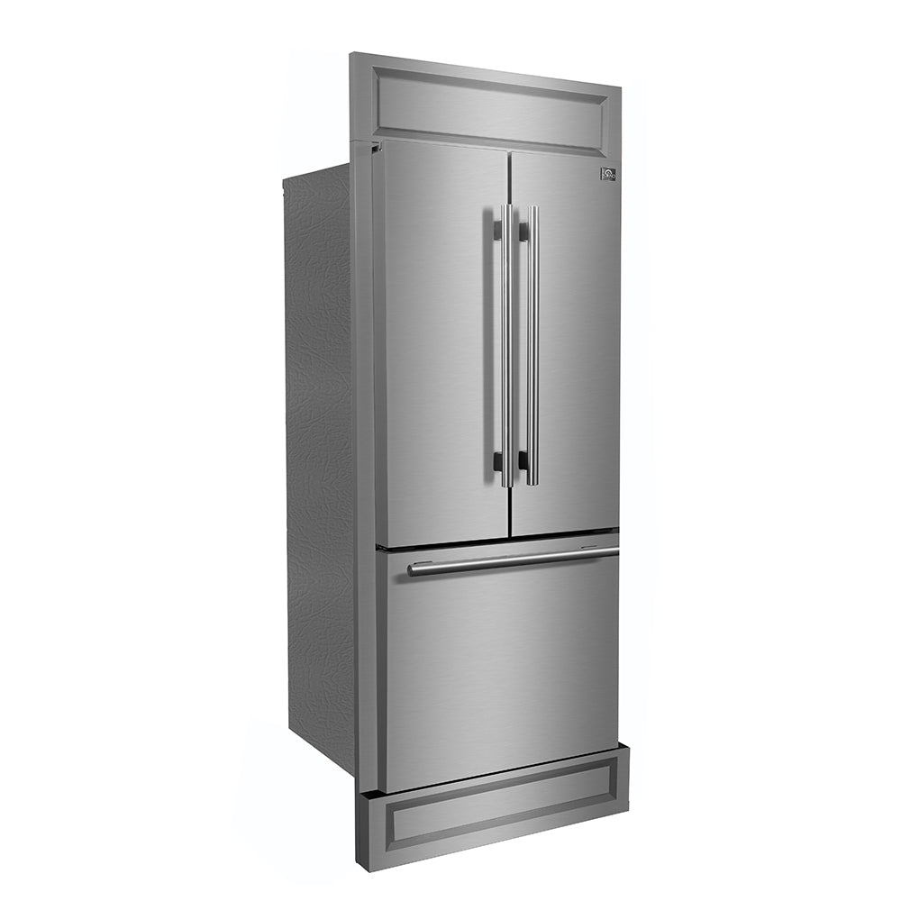 Stainless steel French door refrigerator angled view with vertical handles