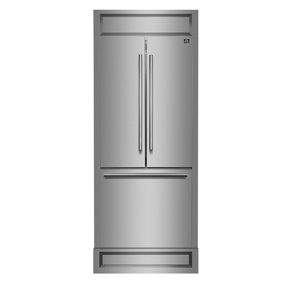 Stainless steel French door refrigerator with top freezer and bottom fresh food