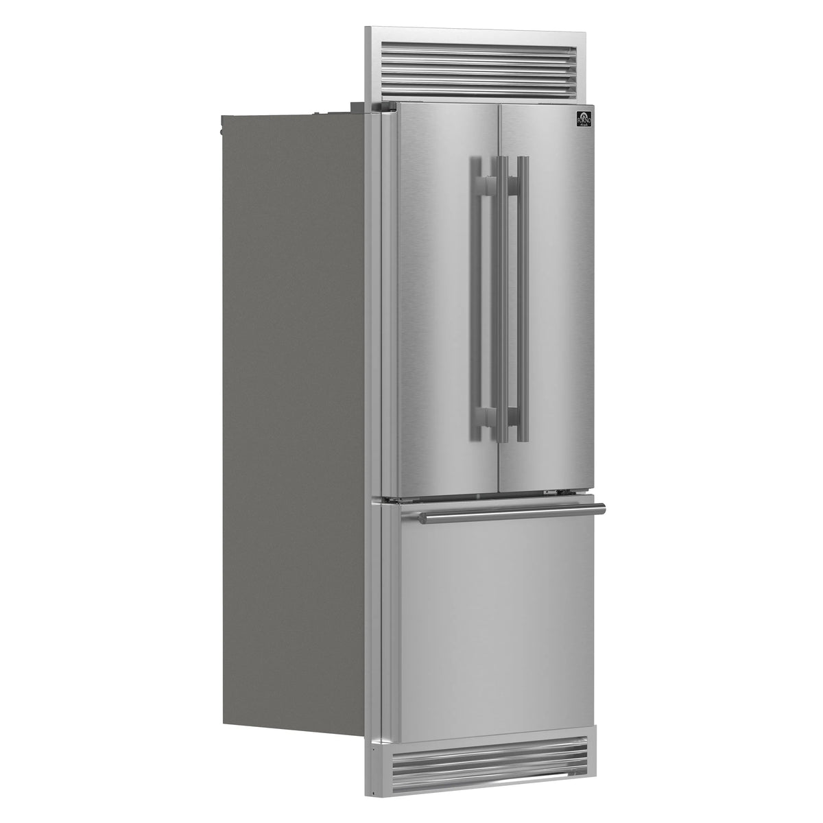 Built-in French door refrigerator in stainless steel with decorative grille