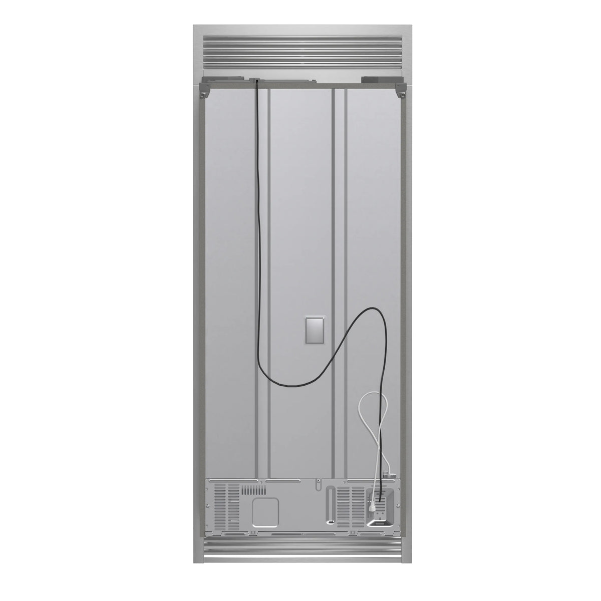 Built-in refrigerator French doors with stainless finish; door hardware and controls visible