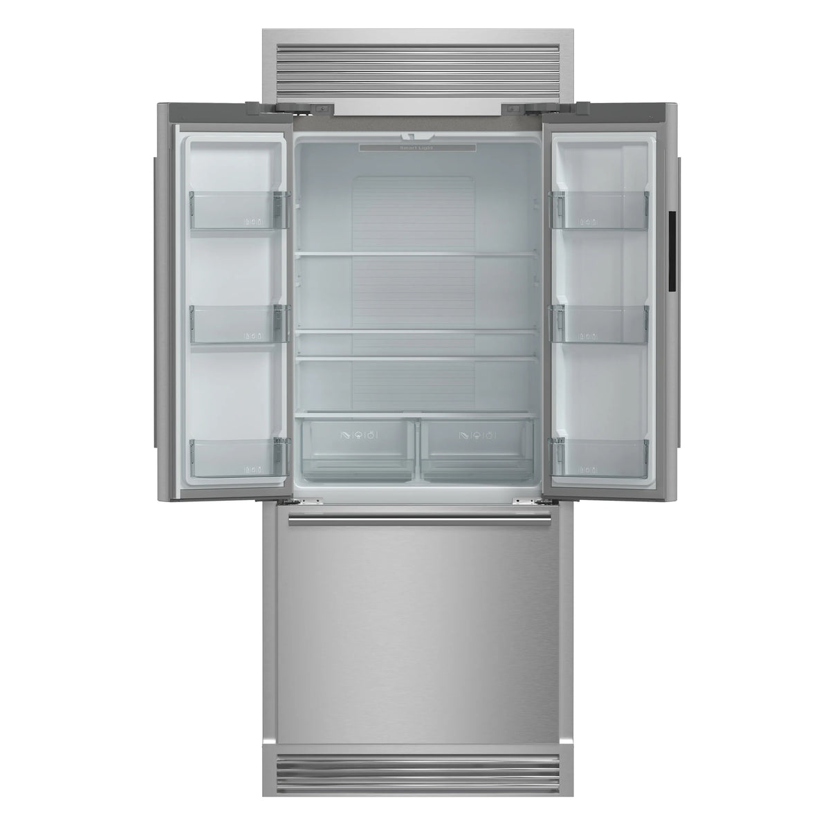 Built-in French door refrigerator with stainless finish; interior shelves and compartments