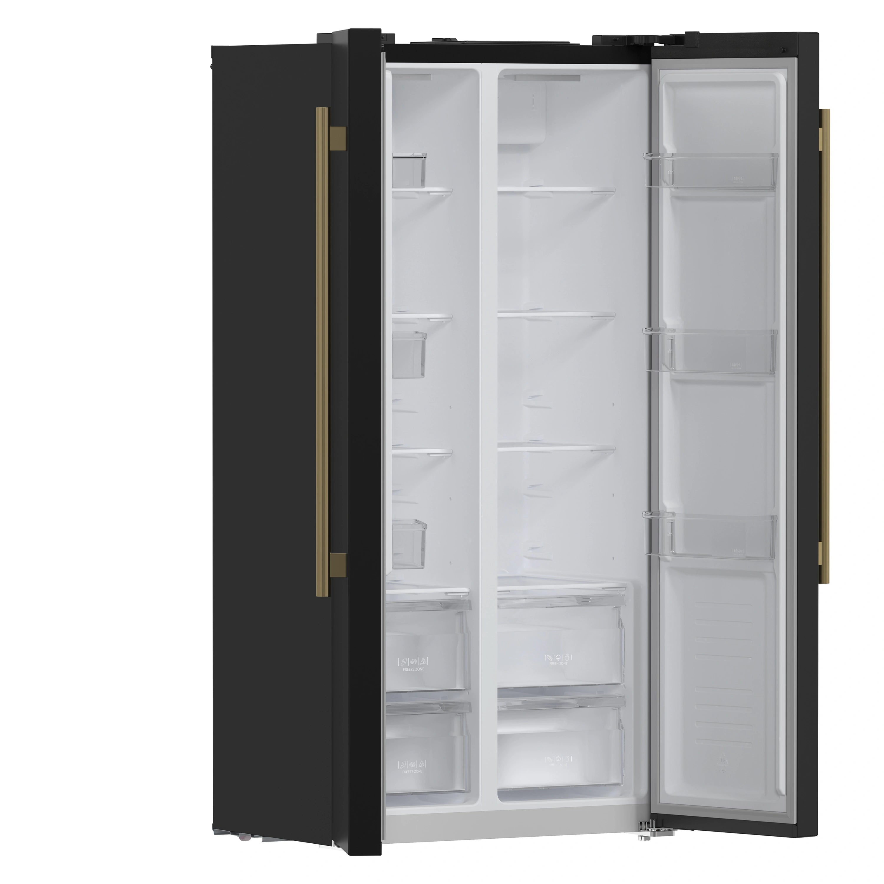 Refrigerator interior with both doors open, white shelves, and storage bins