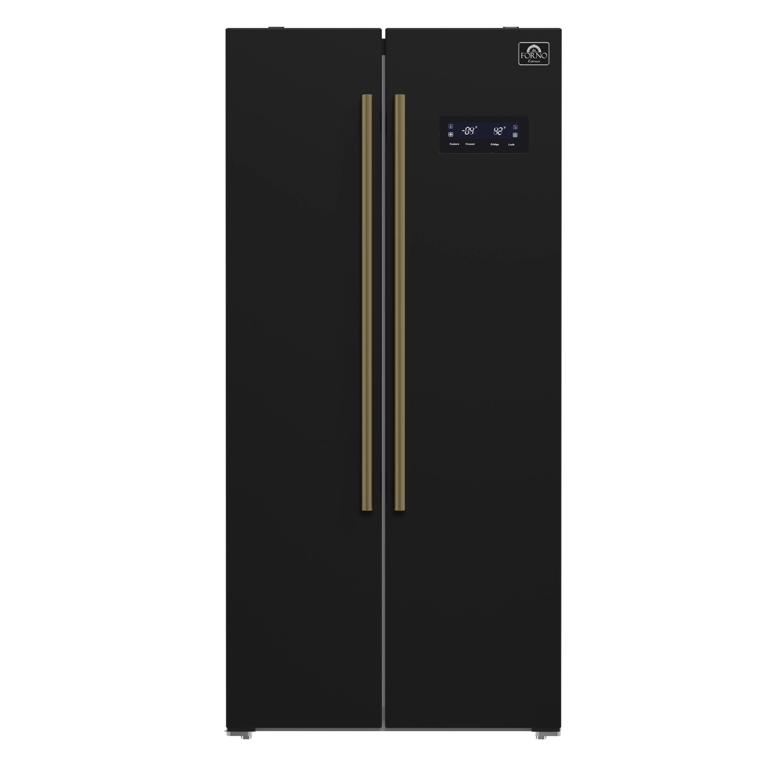 Black side-by-side refrigerator front with antique brass handles and display