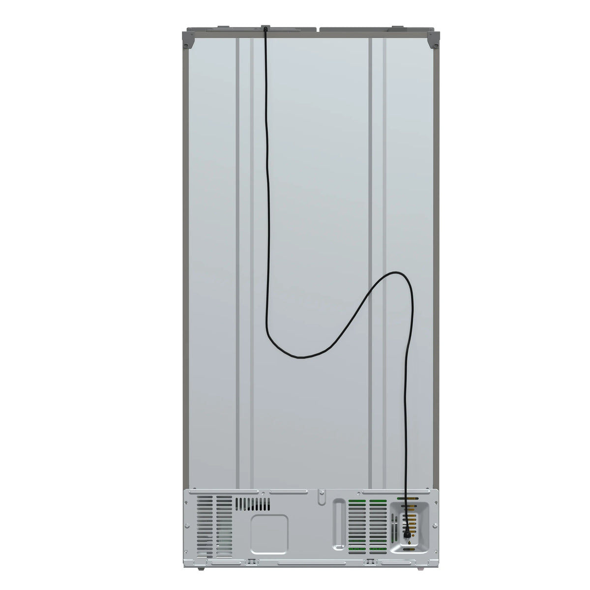 Side-by-side refrigerator open back panel with electrical wiring and vent grille