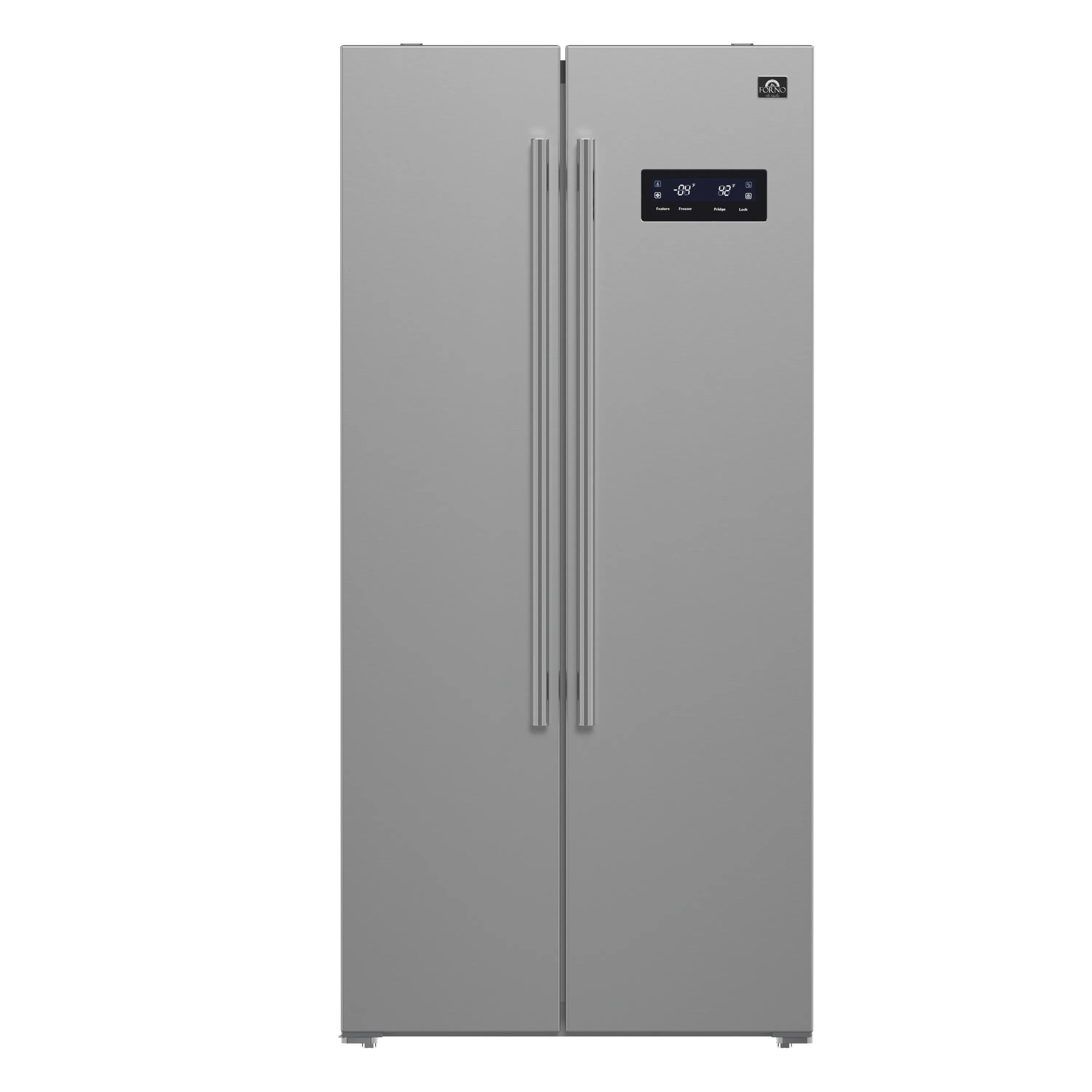Stainless steel side-by-side refrigerator with vertical handles and digital control panel