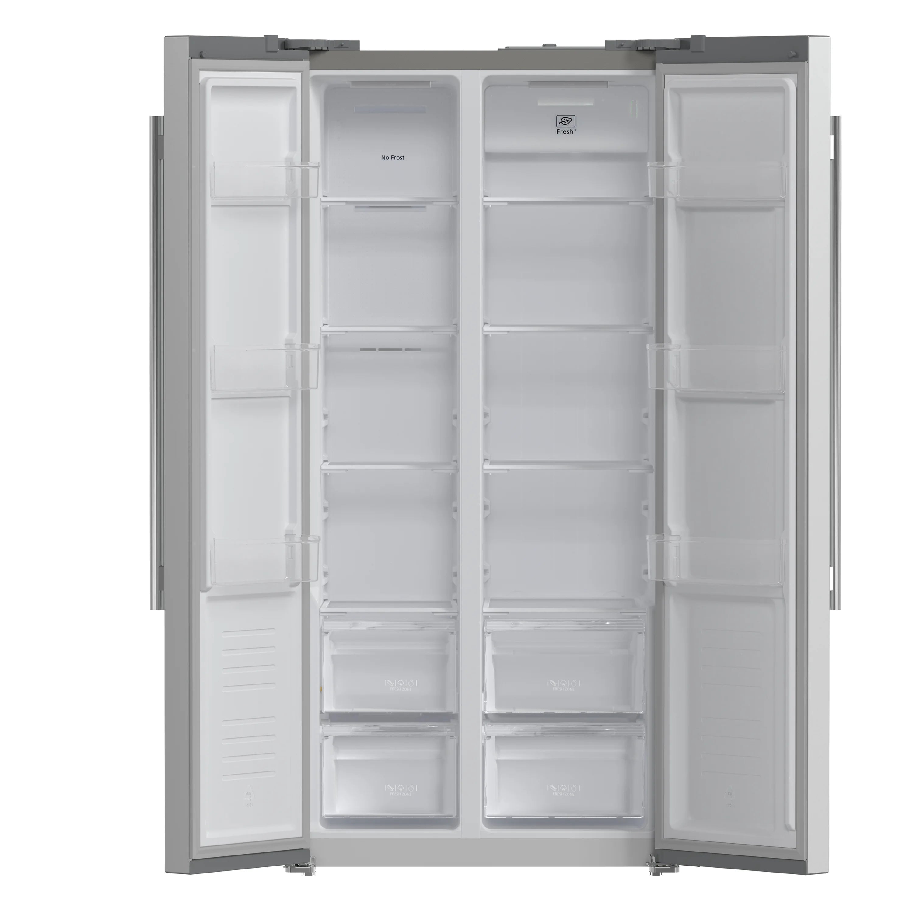 Side-by-side refrigerator doors open to white interior shelves and drawers