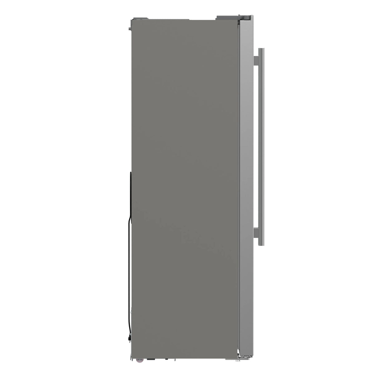 Stainless steel refrigerator back with access cutouts and upright handles