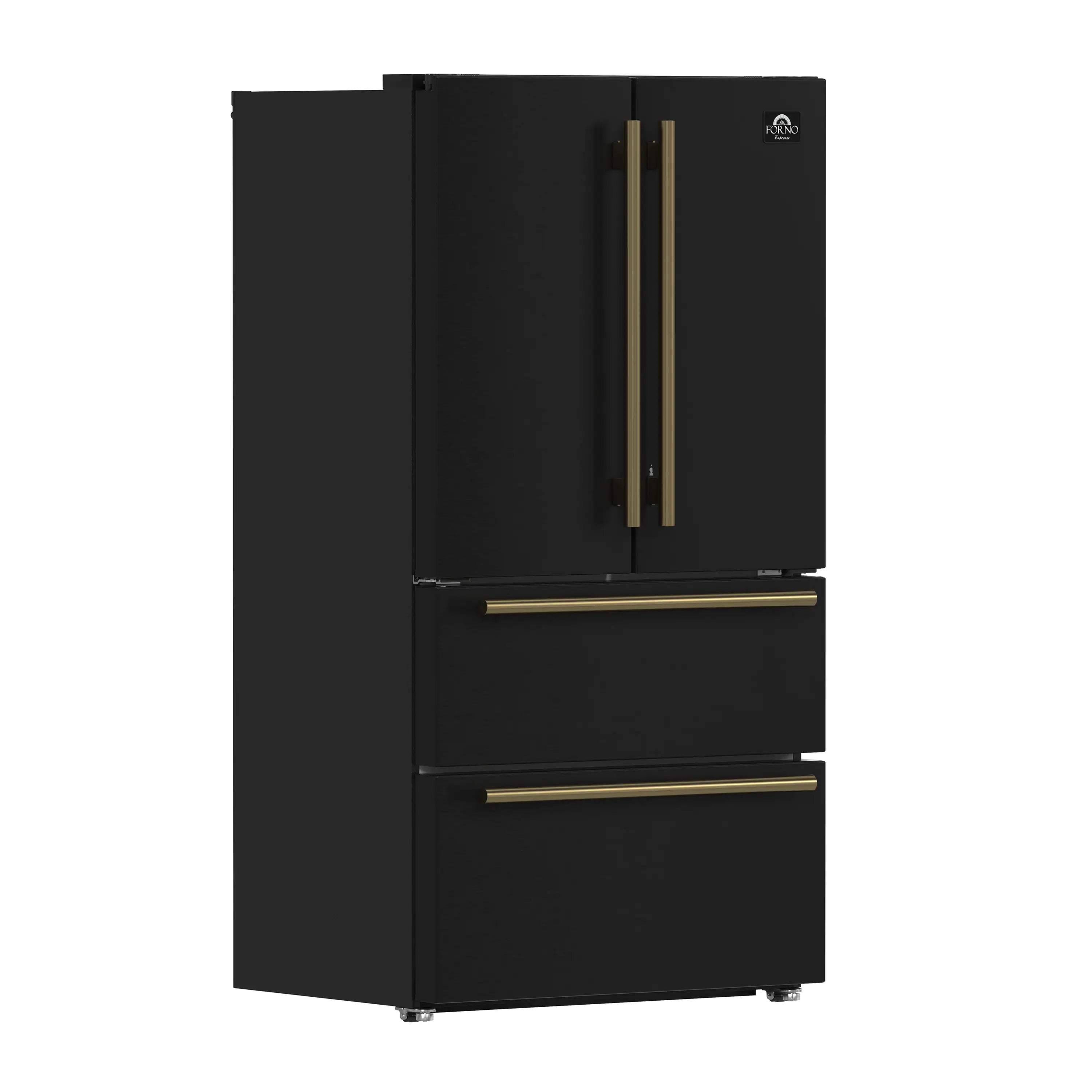 Black refrigerator with closed doors, antique brass handle accents, and lower compartment