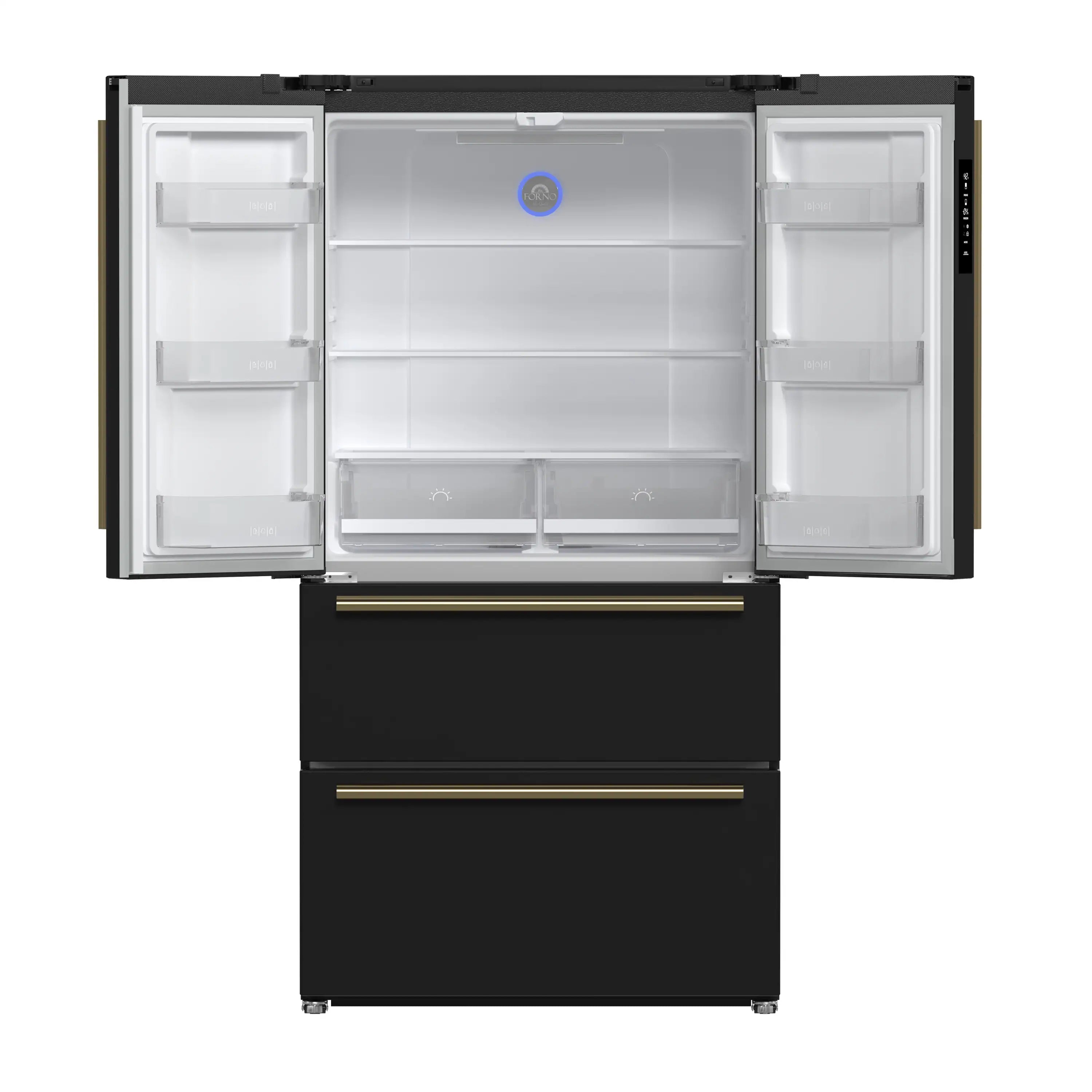 Refrigerator and freezer doors open with white interior shelves and brass trim drawer handle