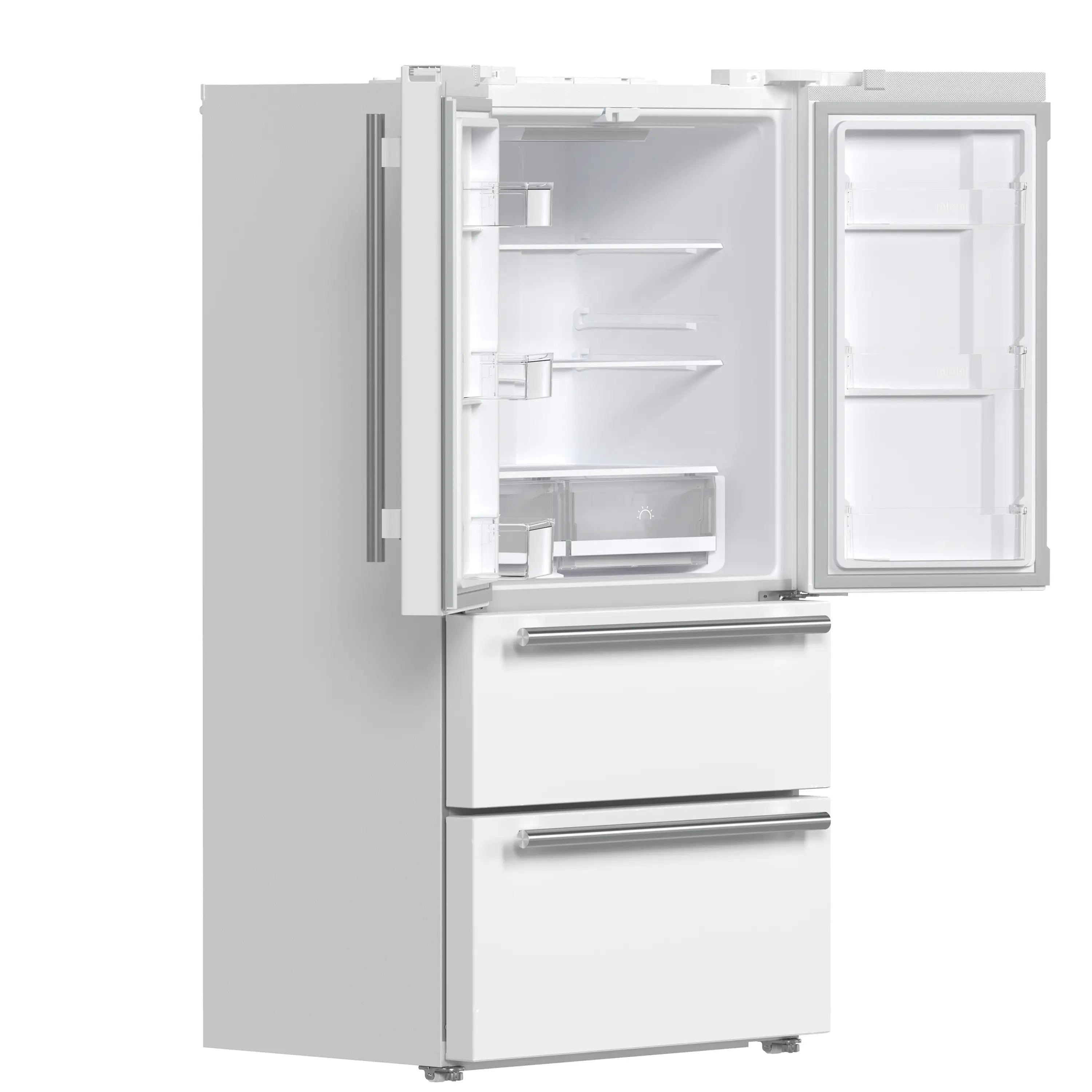 White French door refrigerator with stainless handles, open doors showing interior shelves and bins