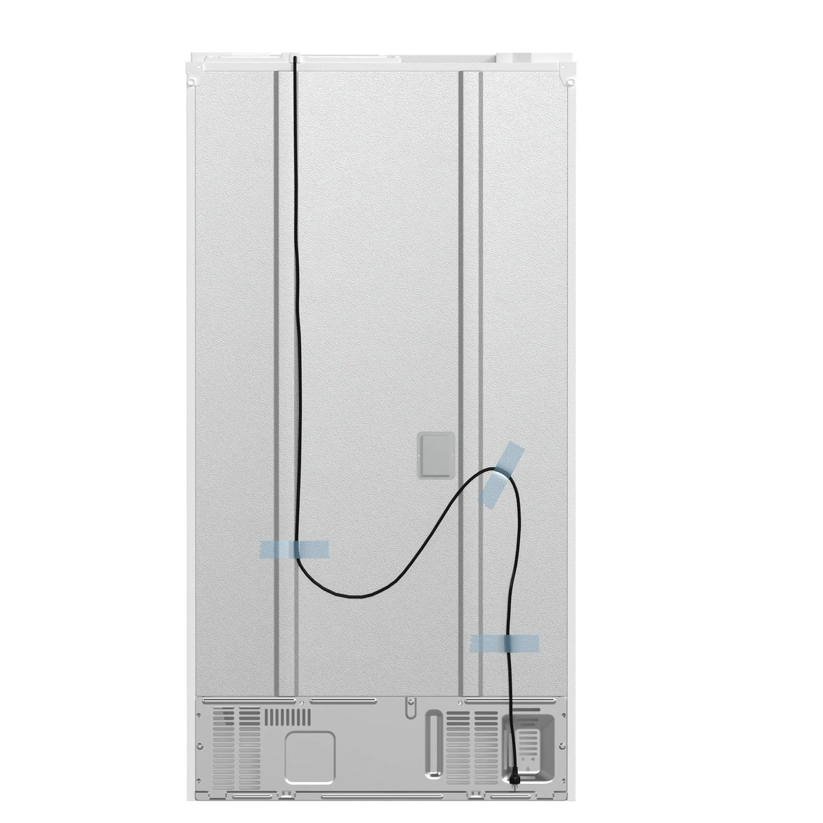 Refrigerator rear view with water line ports and bottom vent grilles