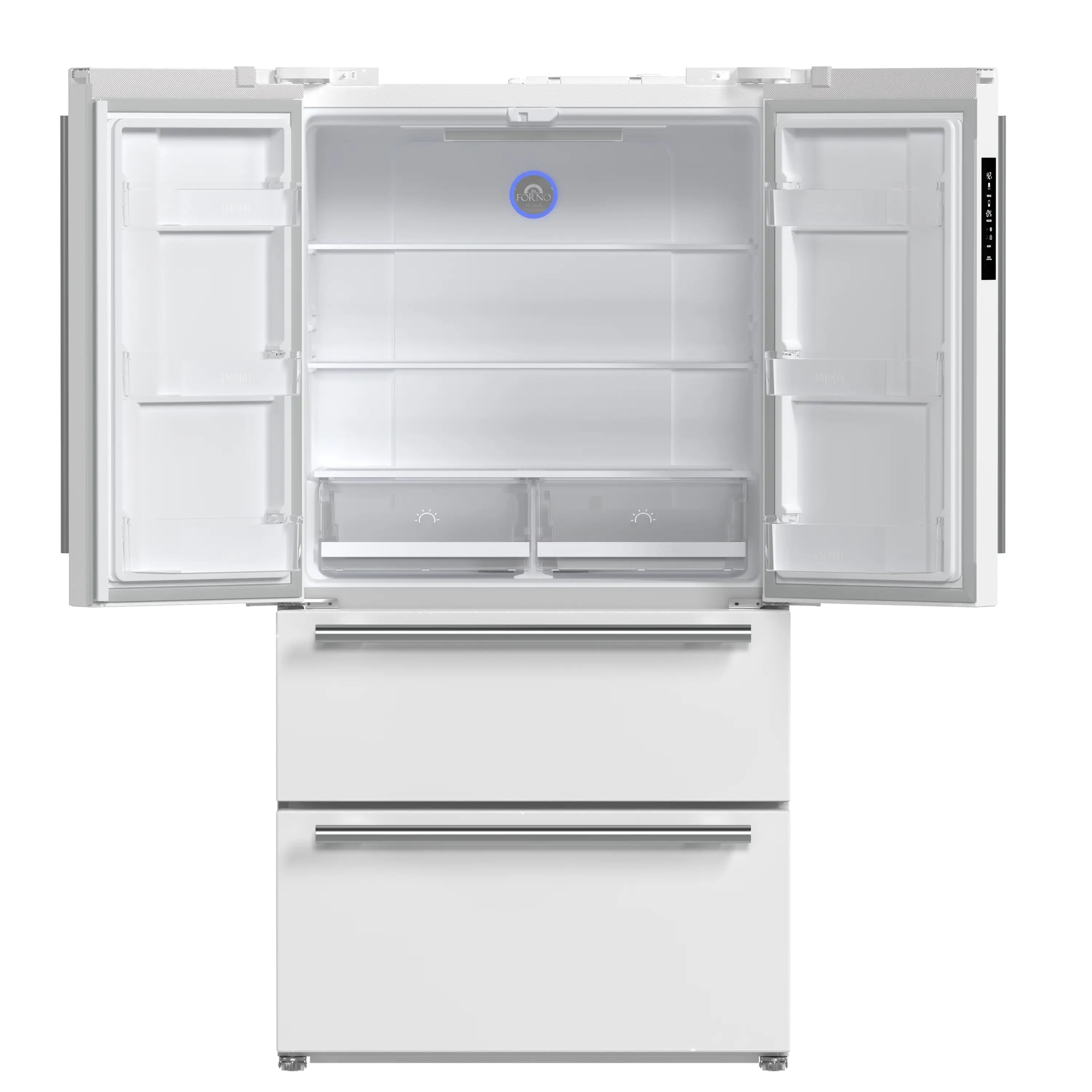 Side-by-side view of open French door refrigerator with white interior shelves and bins