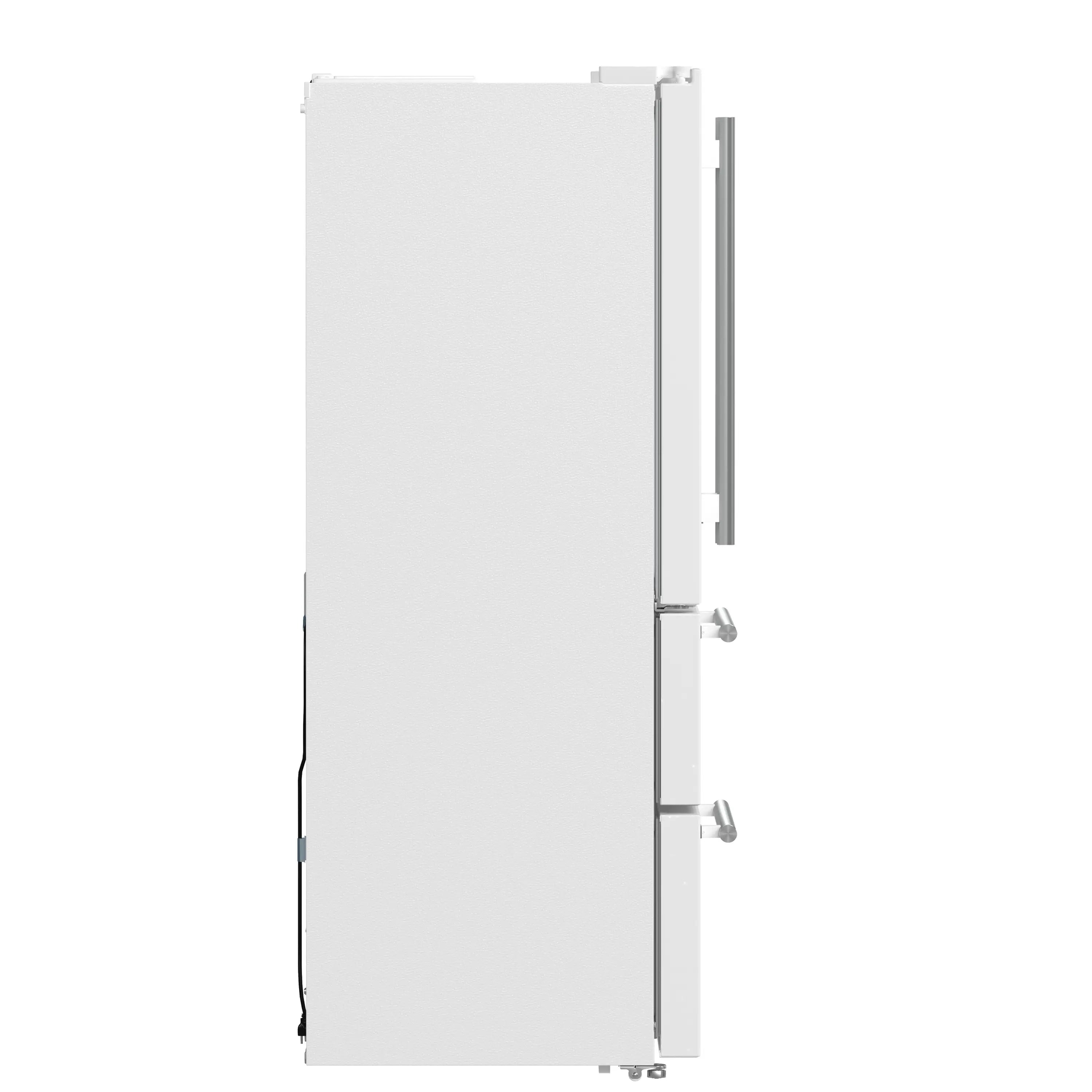 White refrigerator side panel with hinge hardware and vertical door opening