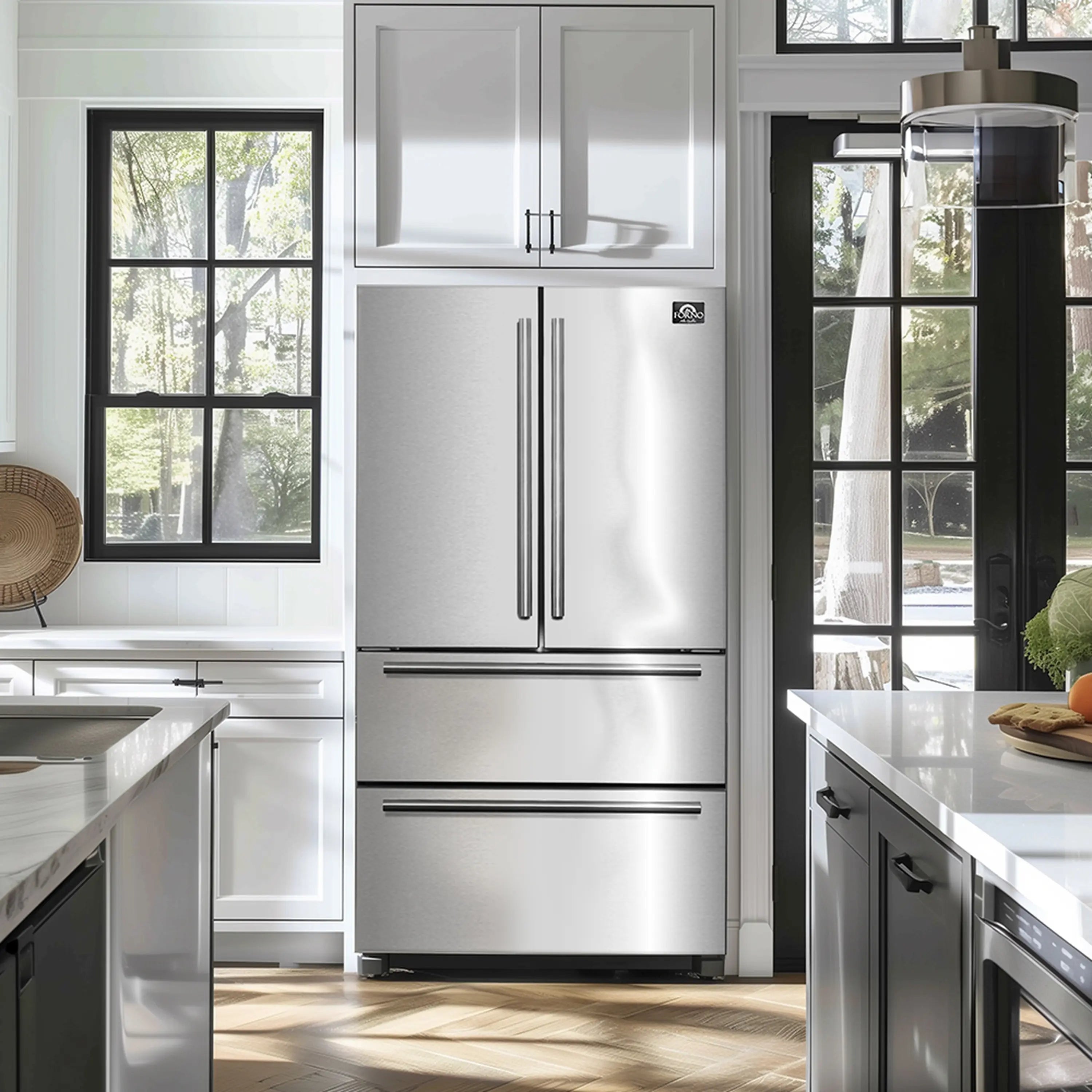 Stainless steel French door refrigerator in a kitchen, centered with vertical handles.