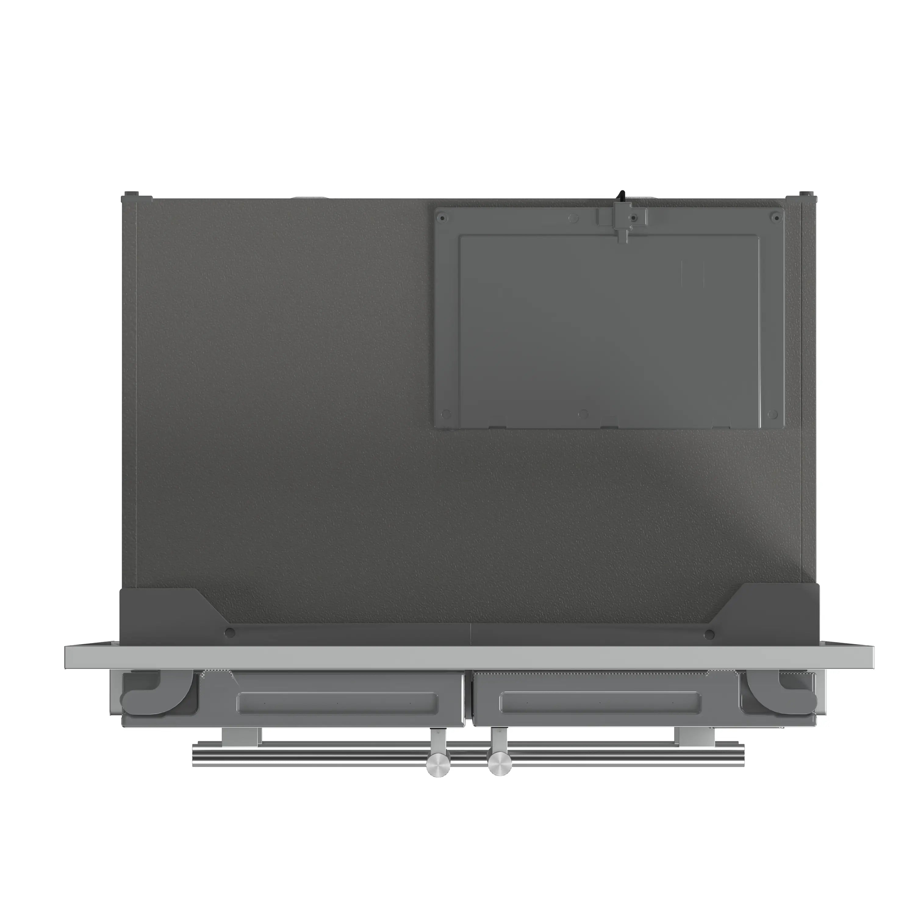 Refrigerator interior view with top open compartment and removable shelves/parts.