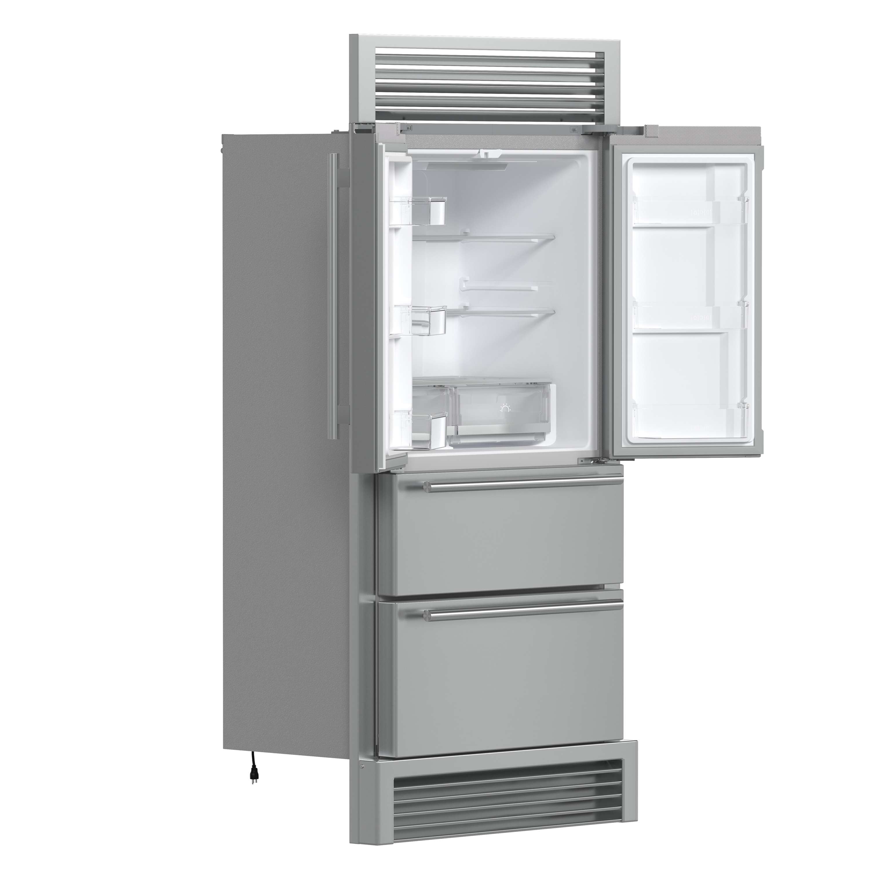 Refrigerator with doors open showing interior shelves and freezer drawer