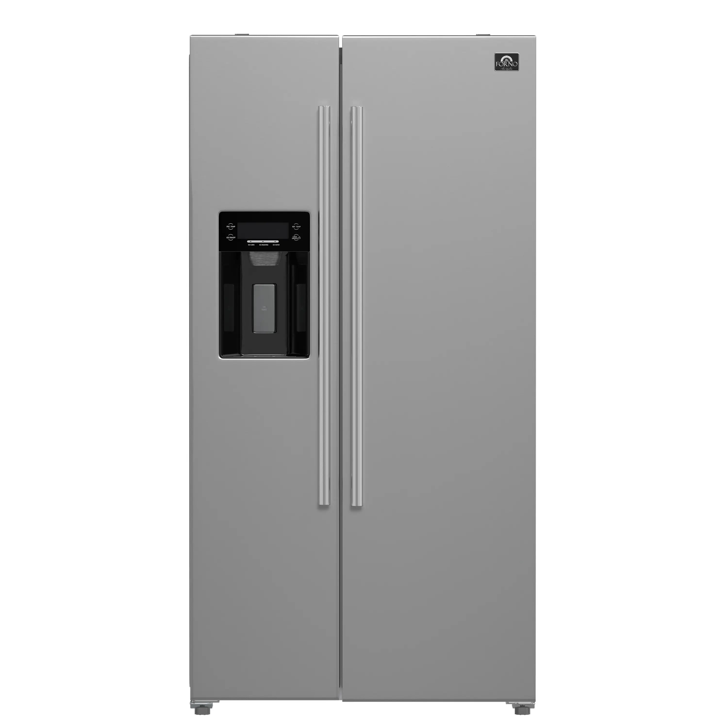 Stainless steel side-by-side refrigerator front with water dispenser and dual vertical handles