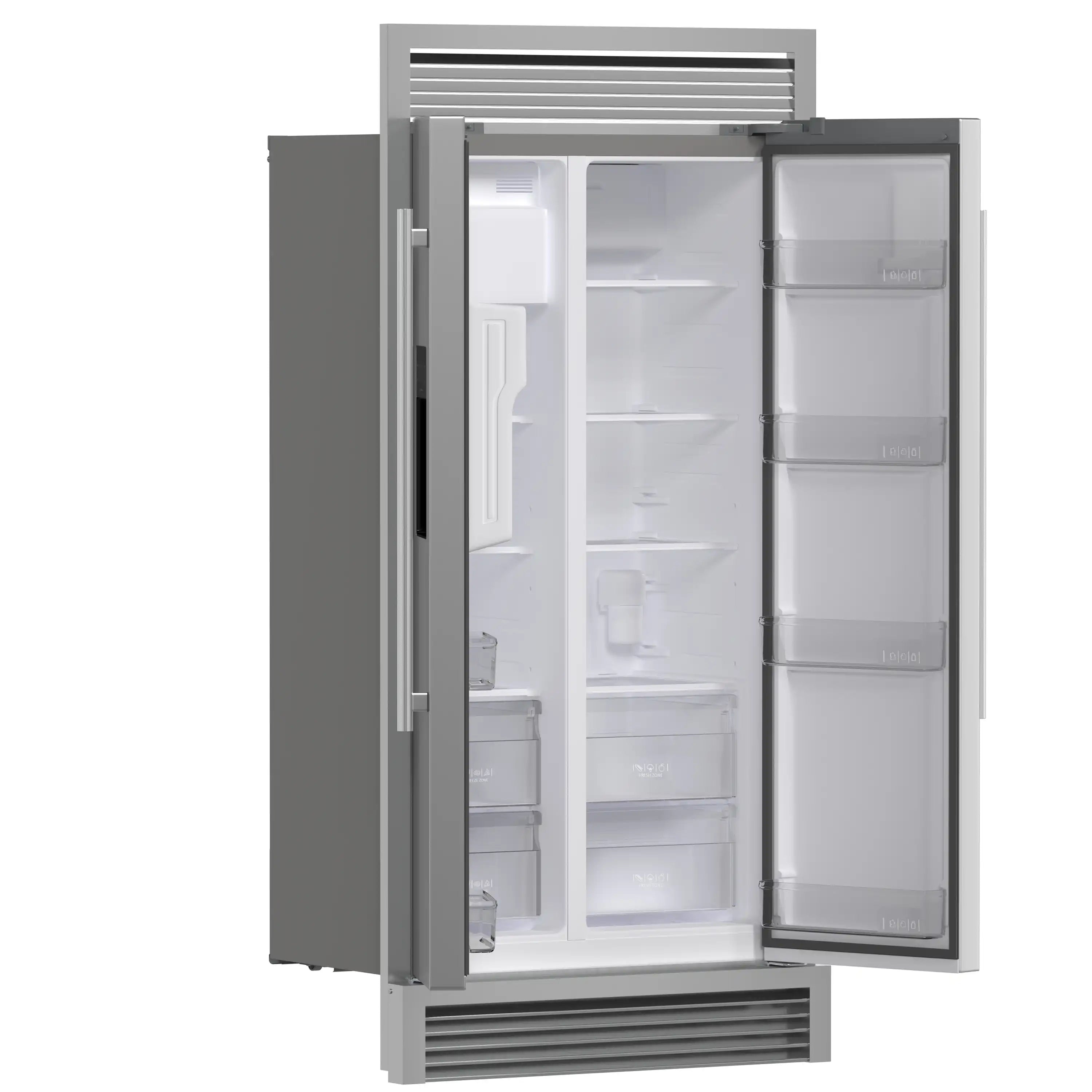 Stainless side-by-side refrigerator with doors open, showing fridge shelves and drawers.