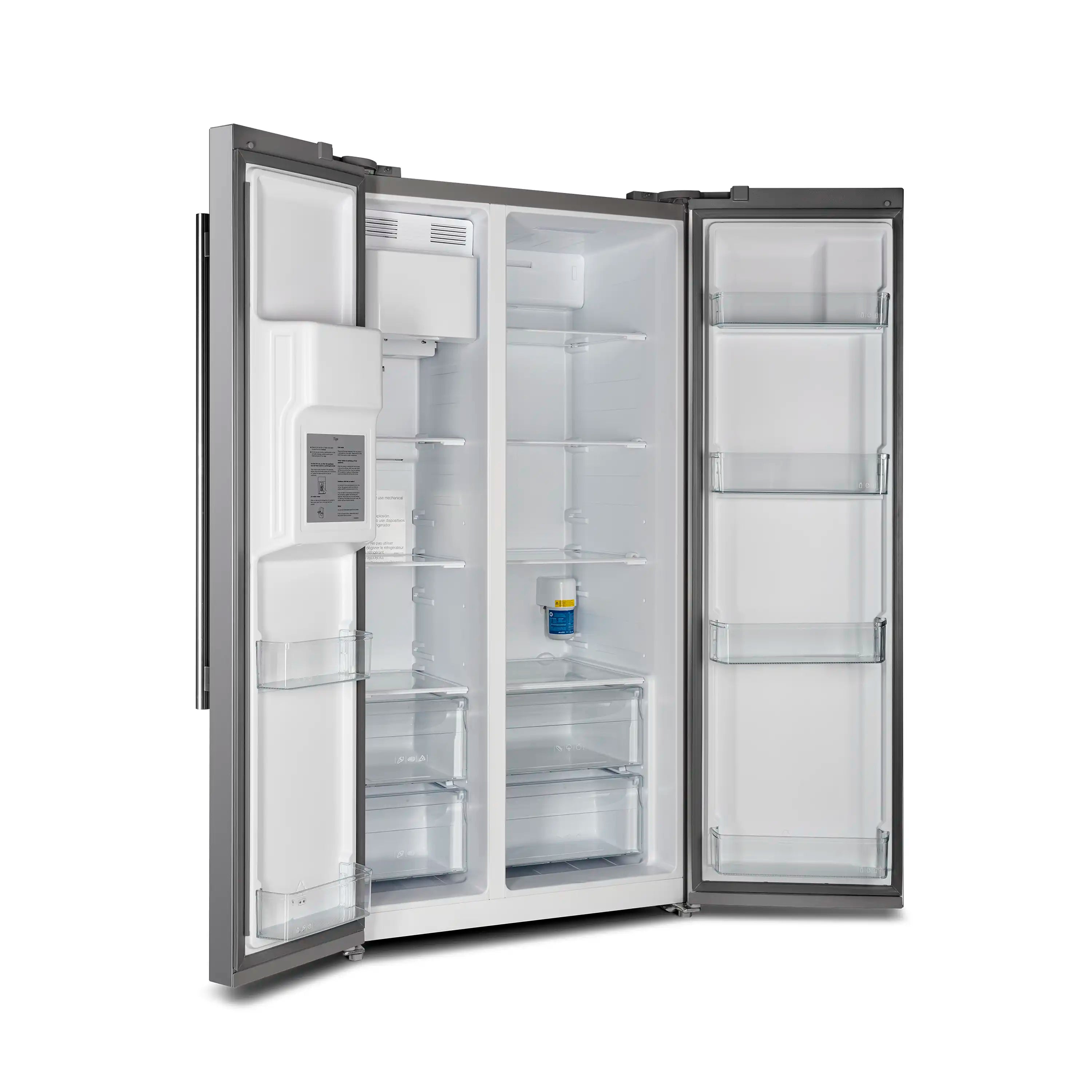 Built-in side-by-side refrigerator in stainless steel, both doors open with clear interior bins.