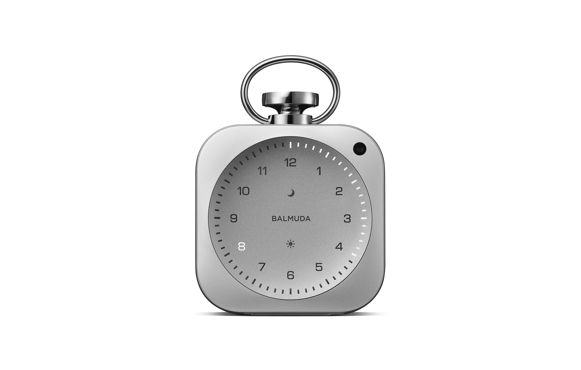 Balmuda The Clock desktop alarm clock, silver front dial with top handle
