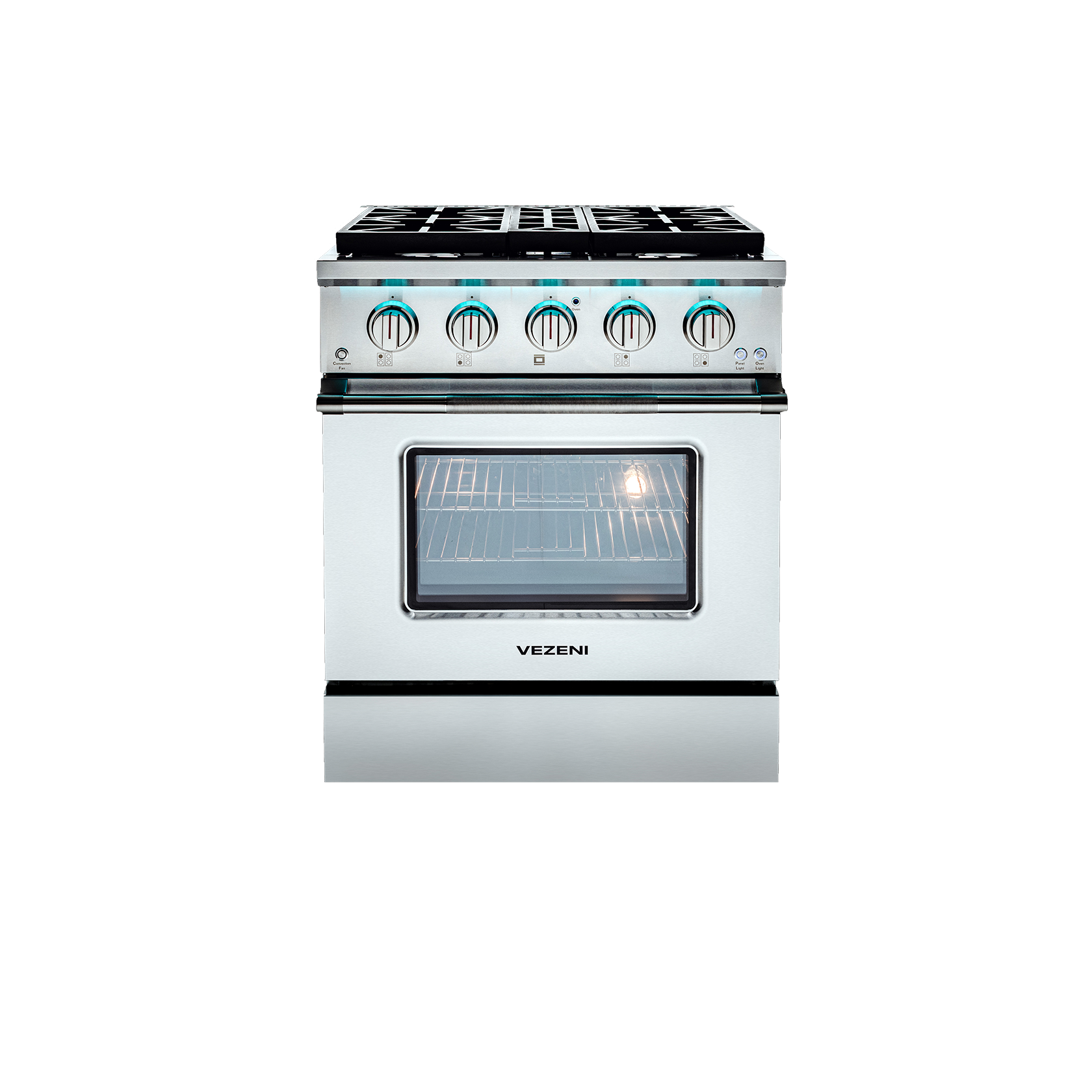 Stainless steel dual fuel range with control knobs and glass oven door window