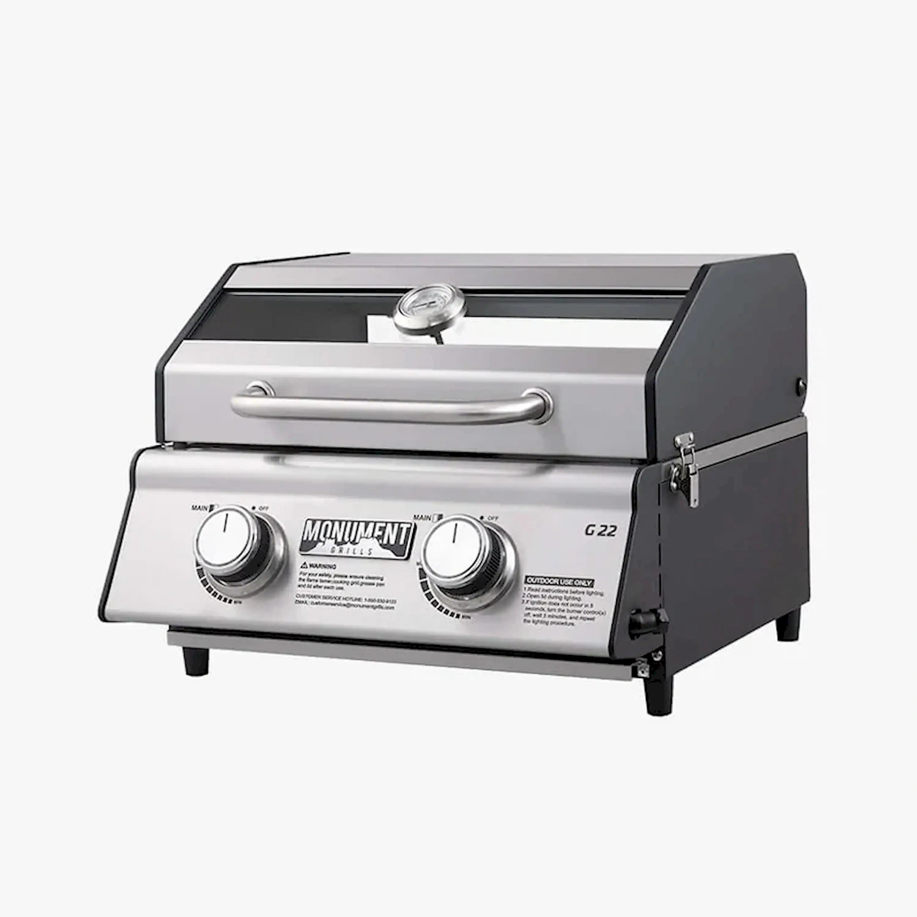 Monument G22 tabletop propane grill with lid, handle, and two control knobs