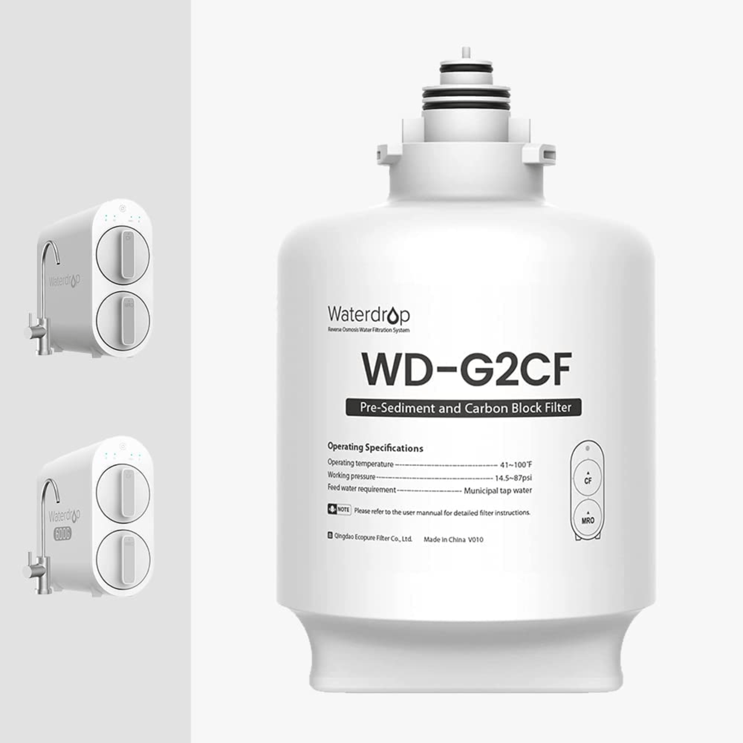 White CF pre-sediment and carbon block filter cartridge, Waterdrop WD-G2CF