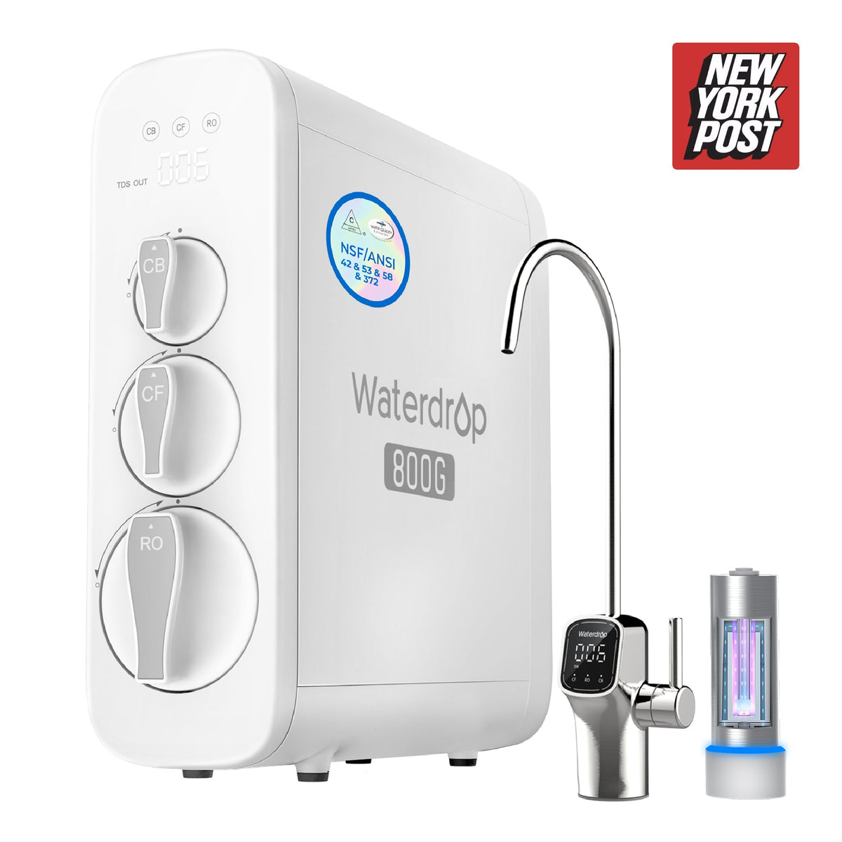 Waterdrop Reverse Osmosis System with UV Sterilizing Light, 800 GPD Fast Flow, NSF/ANSI 42 & 53 & 58 & 372 Certified, 3:1 Pure to Drain, Tankless Under Sink RO Water Filter System, LED Purifier, Smart Faucet (WD-G3P800-W-FC)