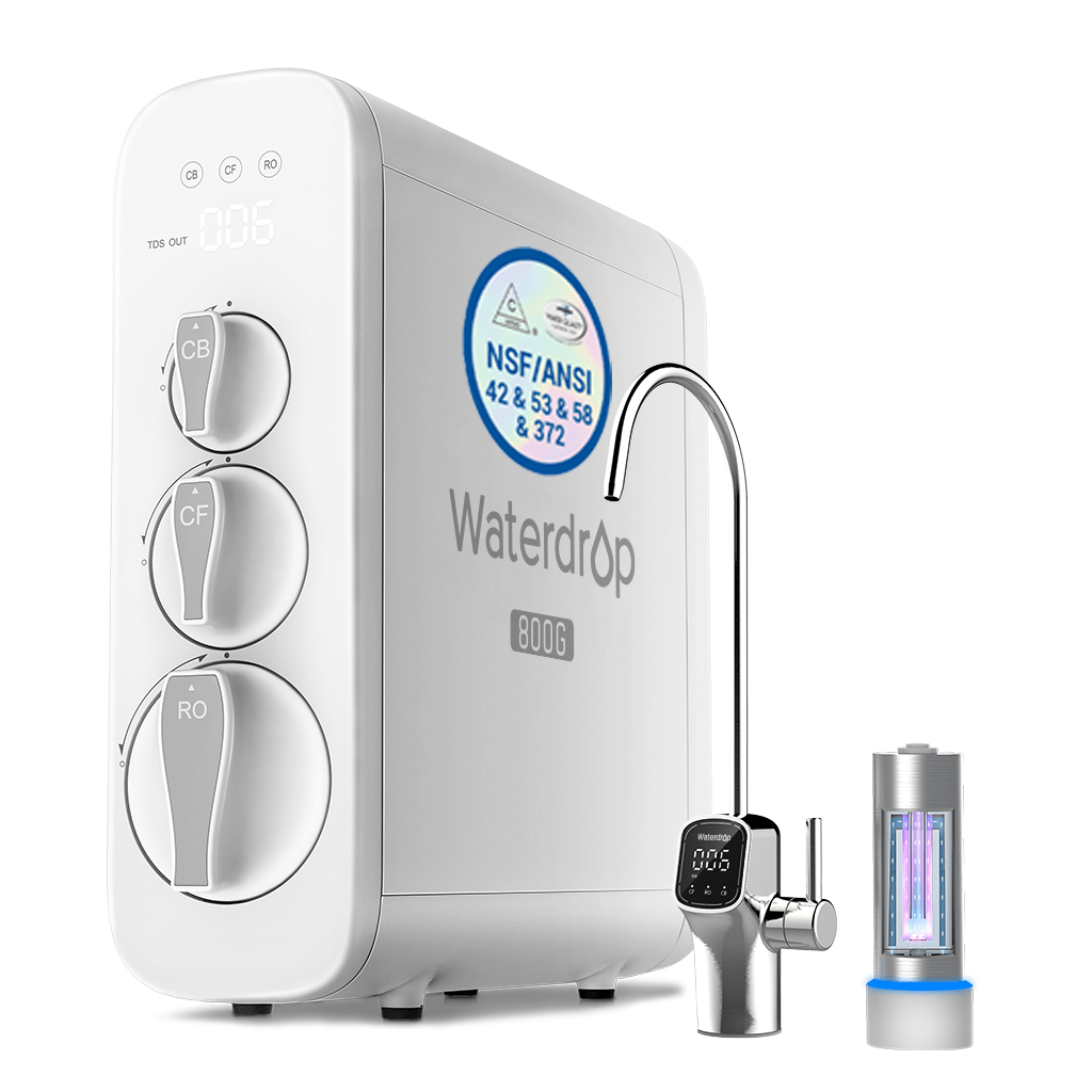 Waterdrop 800G reverse osmosis system, white unit with chrome faucet and cartridge