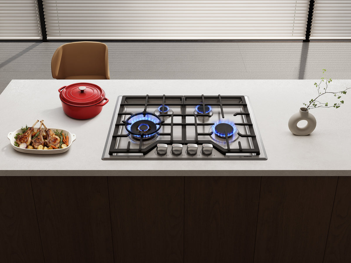 Stainless steel 4-burner gas cooktop with blue flames and four front control knobs