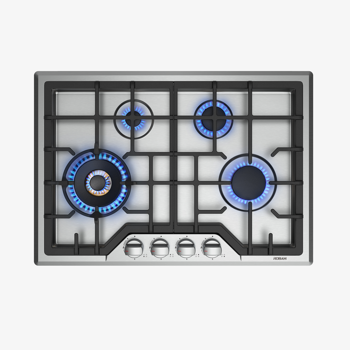 Stainless steel 4-burner gas cooktop with cast iron grates and blue flames, front knobs