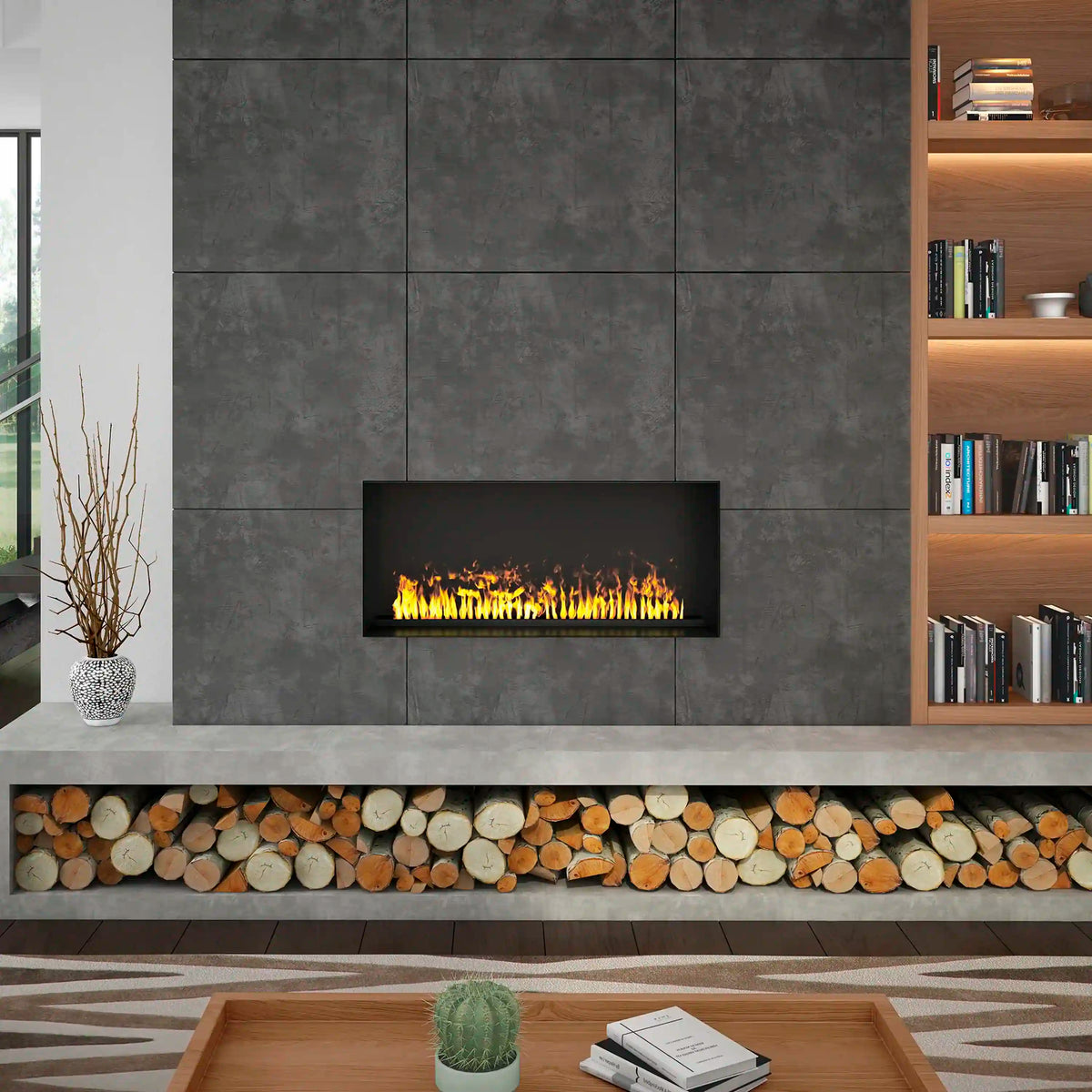 Wall-mounted electric firebox with rectangular glass panel and flame effect