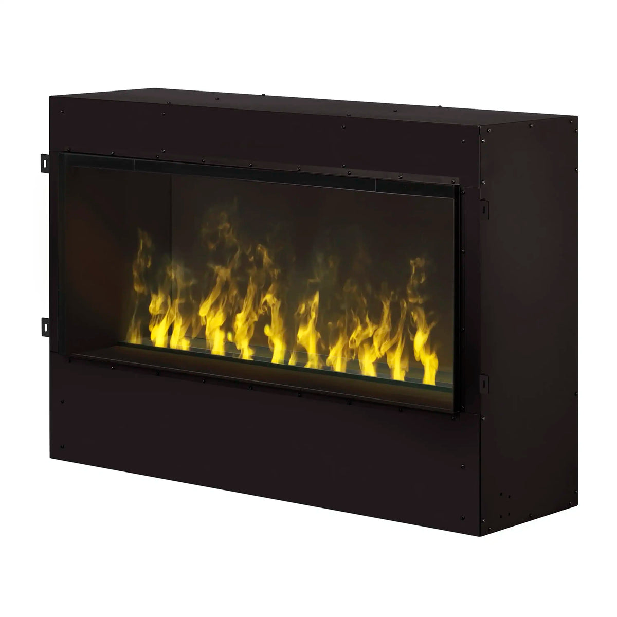 Front view of black electric firebox with glowing yellow flame effect