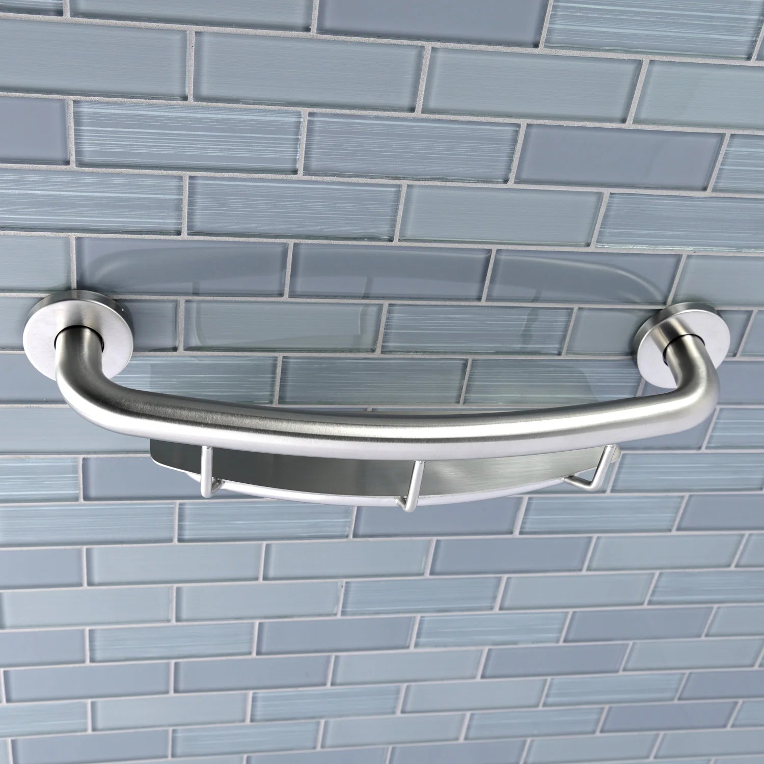 Wall-mounted curved grab bar with shelf, brushed nickel finish