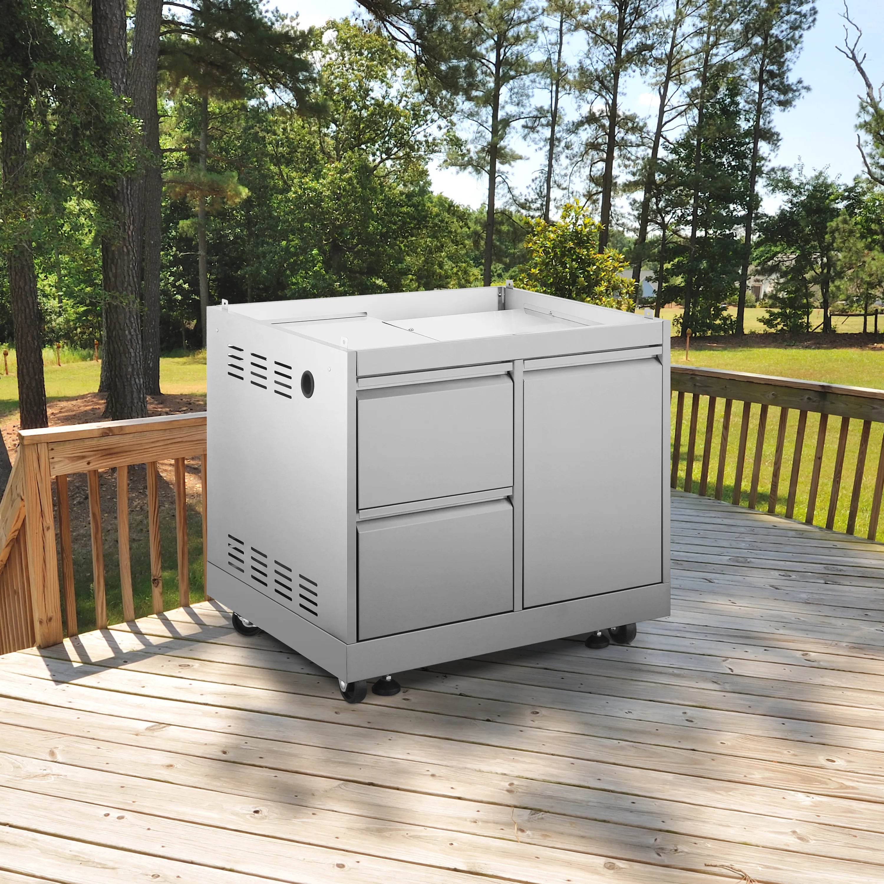 Stainless steel grill cabinet on casters with two doors and vented side panels.