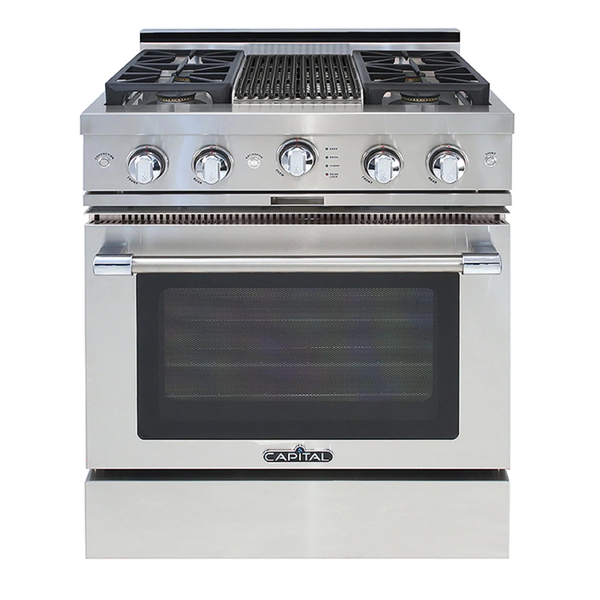 Stainless steel gas range with four sealed burners and built-in oven window
