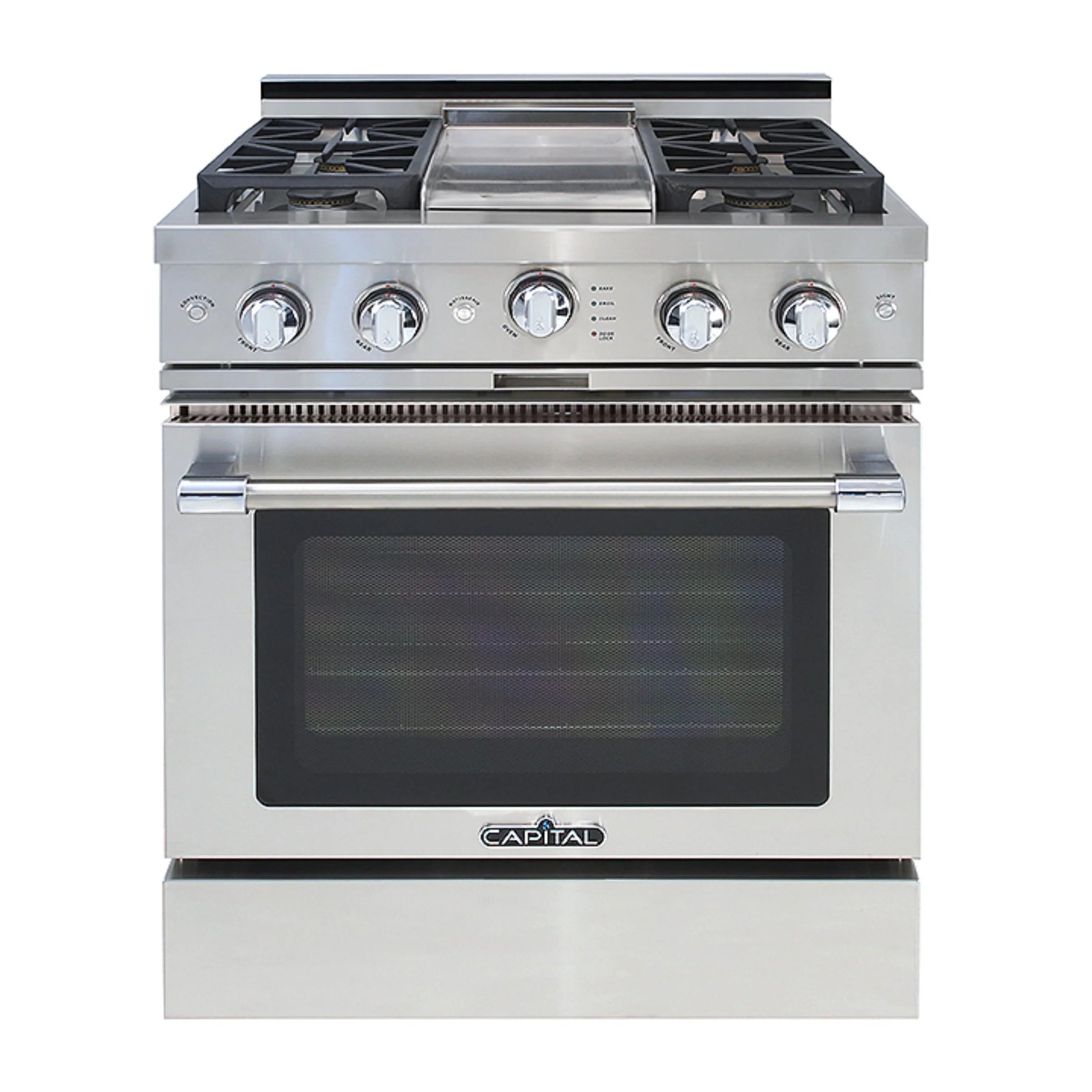 Stainless steel gas range with four sealed burners, control knobs, and oven door