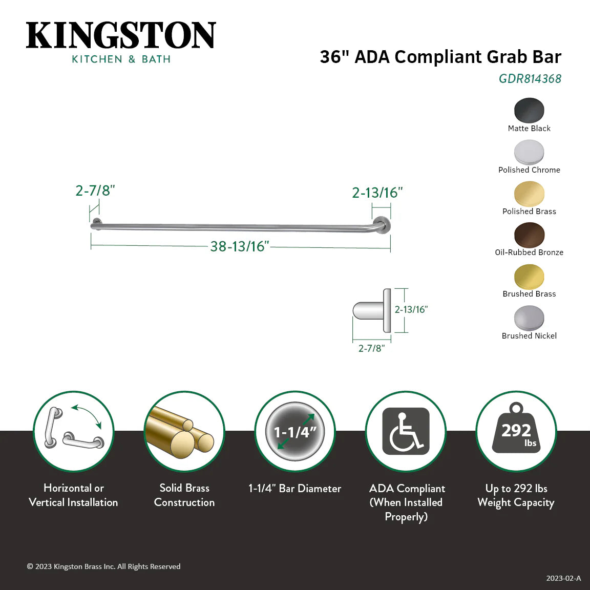 36 in ADA grab bar diagram with 1-1/4 in bar diameter, polished chrome