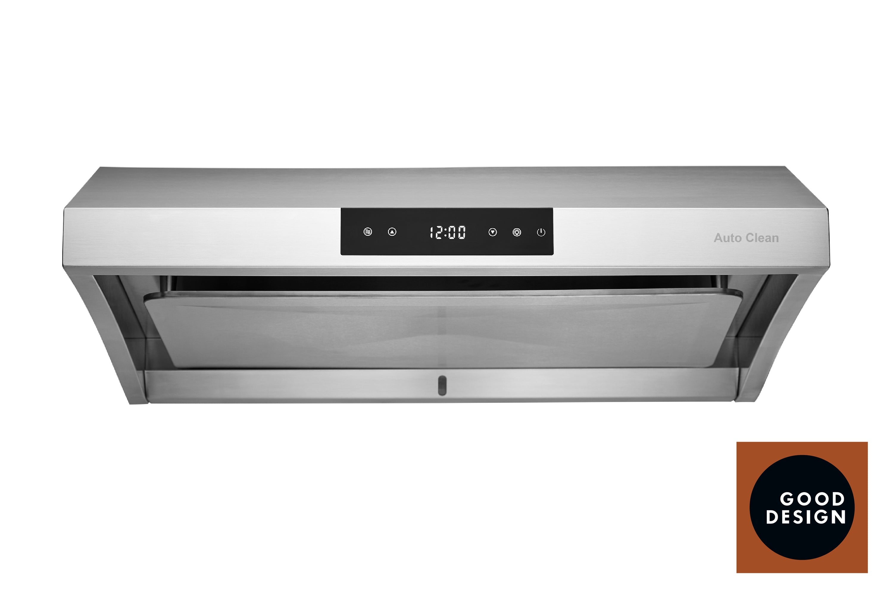 Stainless under-cabinet range hood with touch control panel and Auto Clean feature