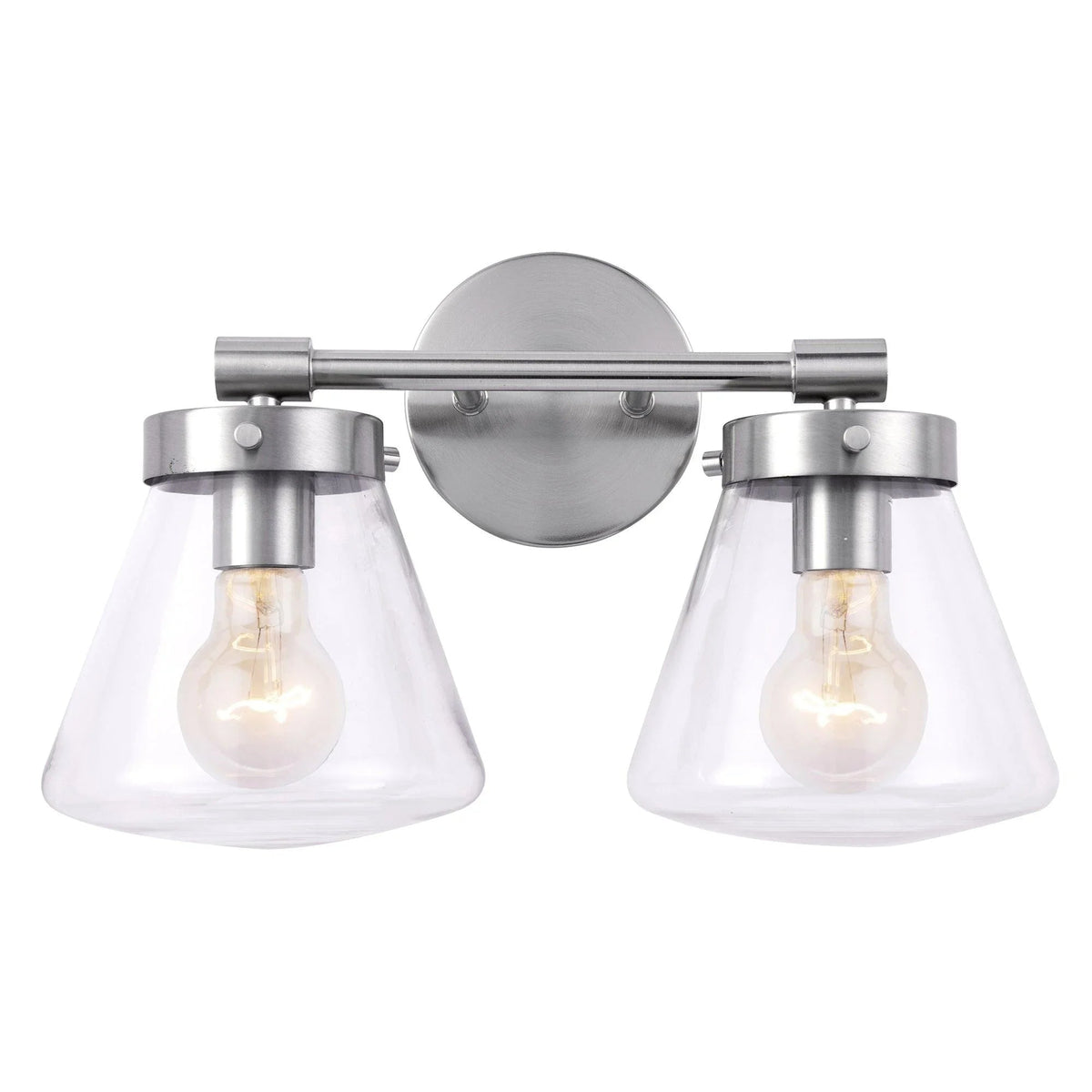 Brush nickel 2-light vanity light with two clear glass shades and exposed bulbs
