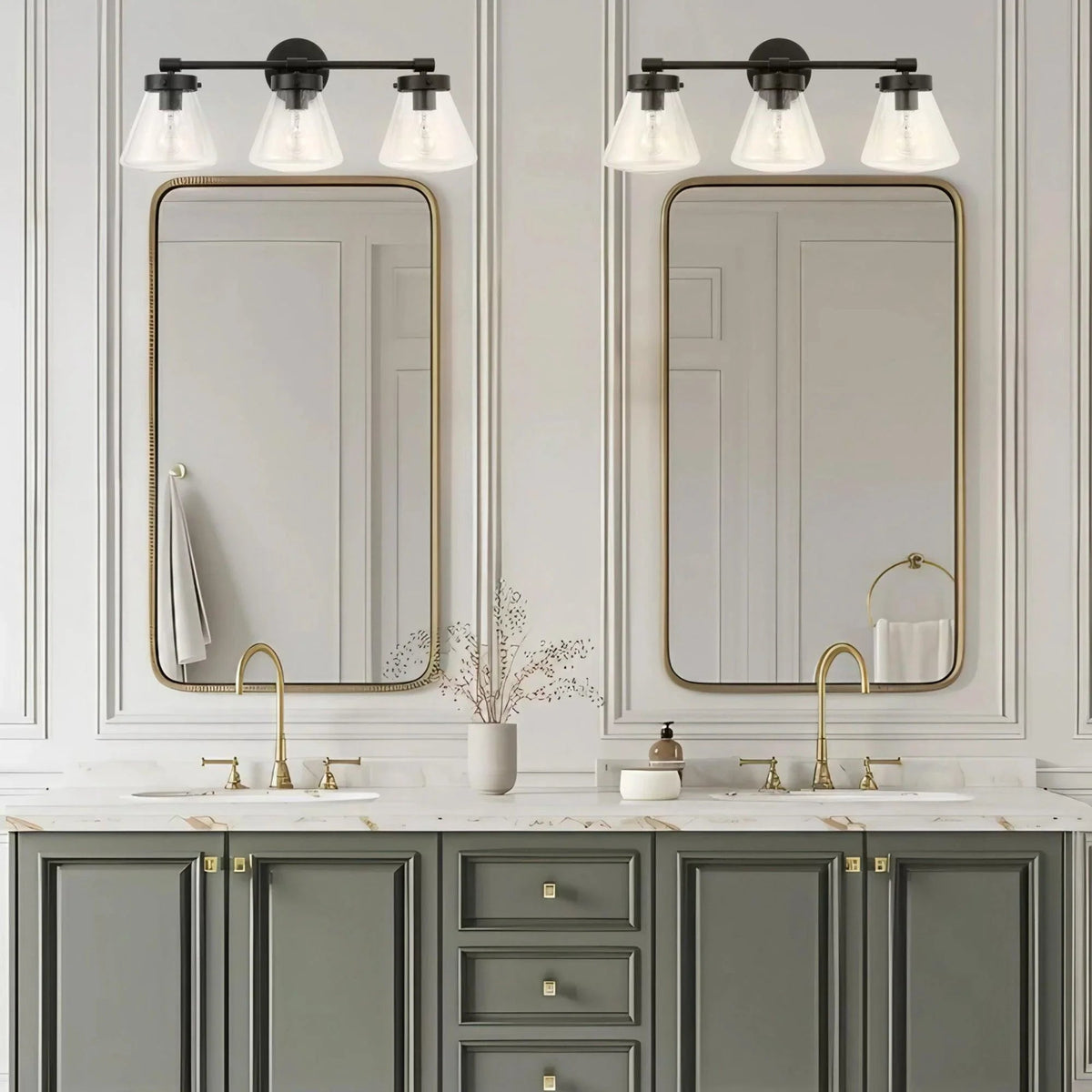 Black 3-light vanity light with clear glass shades and lit exposed bulbs