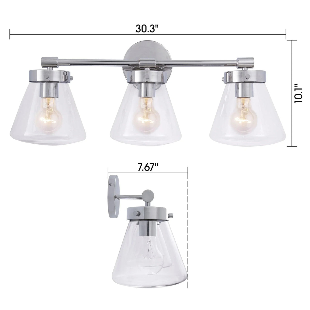 Brush nickel 3-light vanity light with three clear glass cone shades