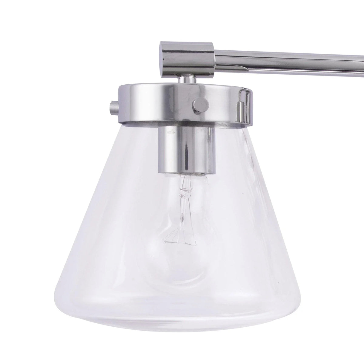 Brush nickel vanity light with clear glass cone shade and exposed bulb