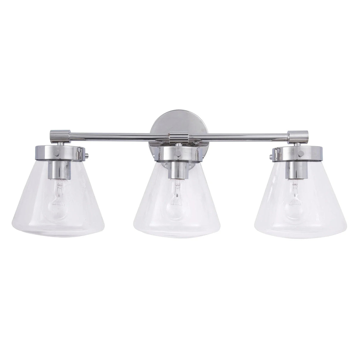Brush nickel 3-light vanity light with clear glass shades and exposed bulbs
