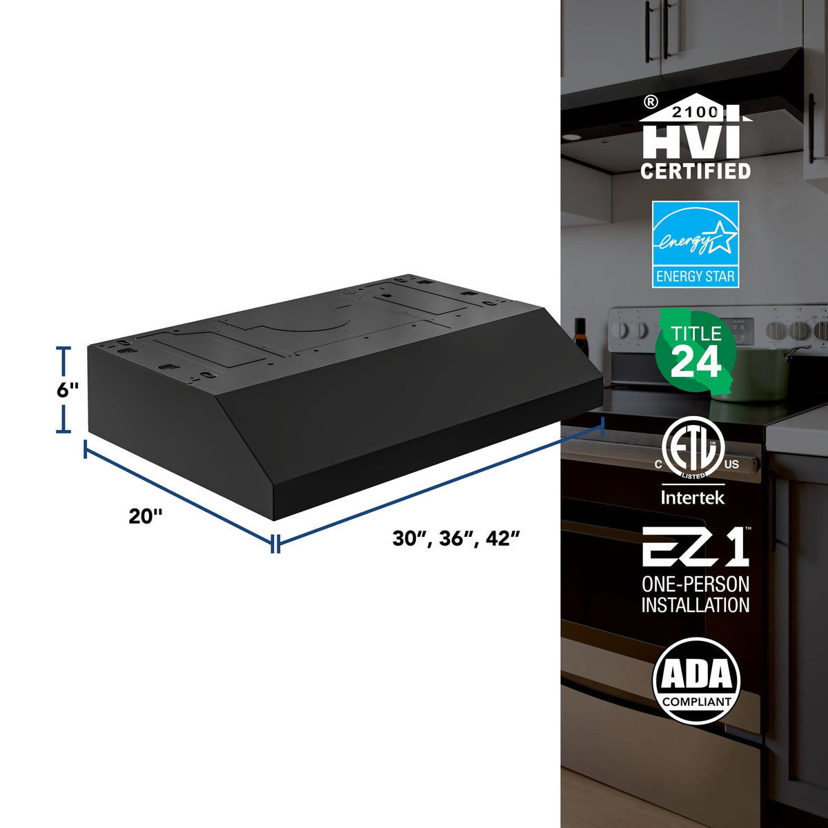 Broan-NuTone Glacier 42-Inch 350 CFM 2-Speed Convertible Under Cabinet Range Hood in Black (GLA1423BL)