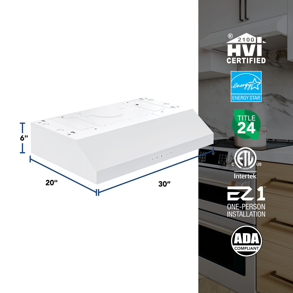 Broan-NuTone Glacier 30-Inch 350 CFM 3-Speed Convertible Under Cabinet Range Hood in White (GLA2303WW)