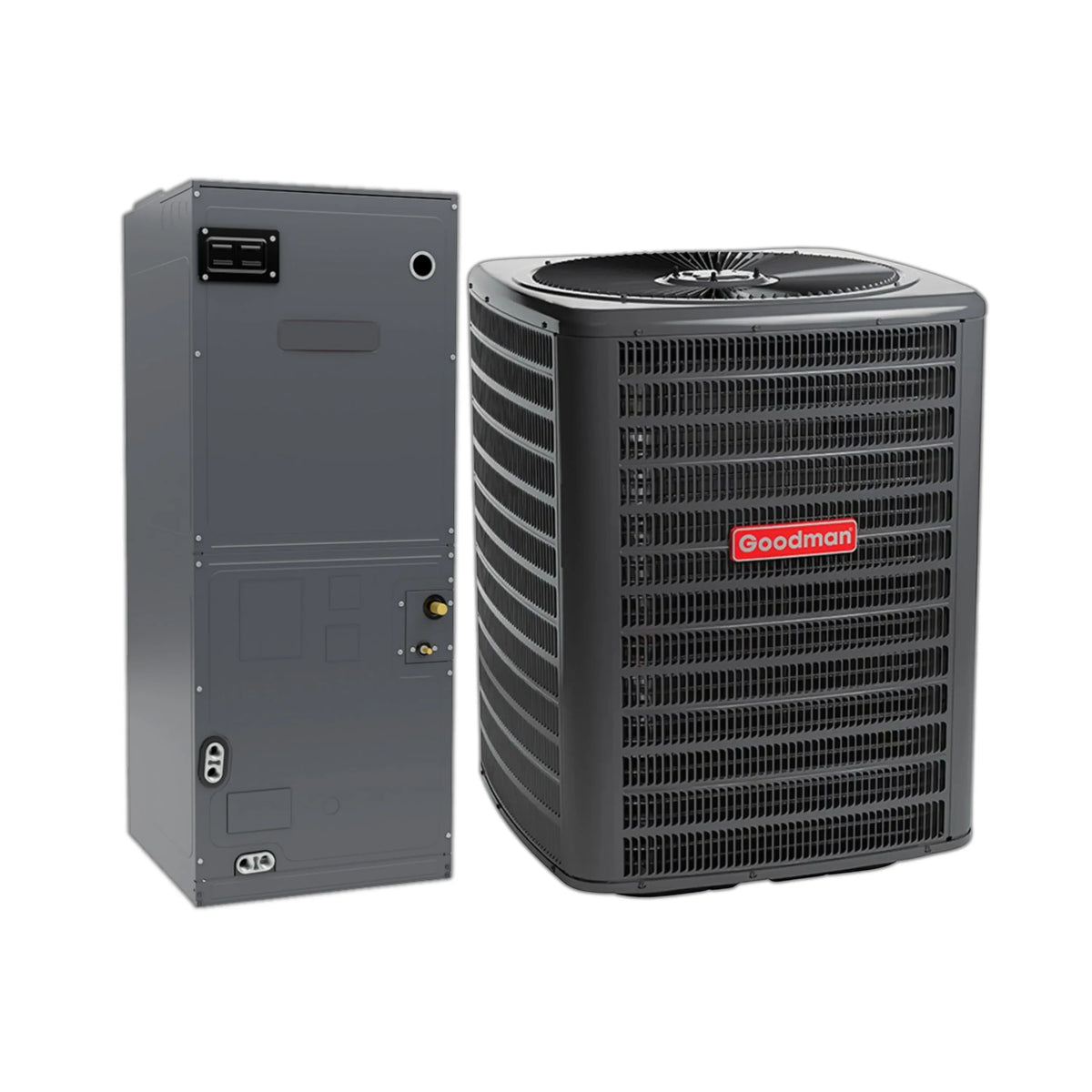 Goodman air conditioner condenser and air handler unit set, dark gray.
