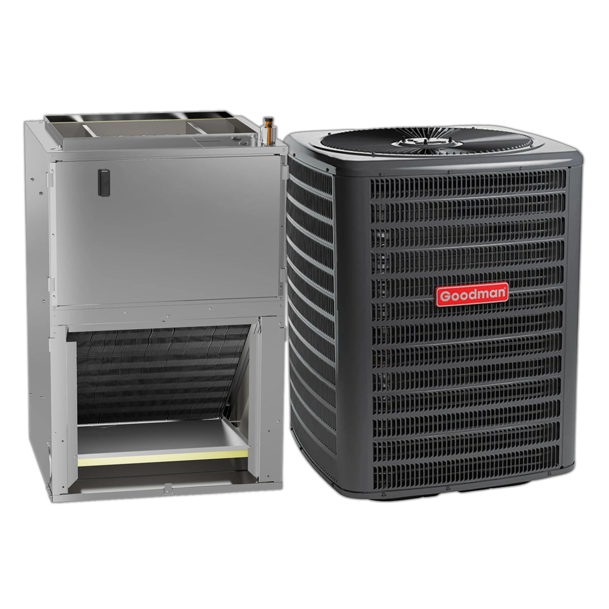 Goodman condenser and wall air handler system with fan and open cabinet
