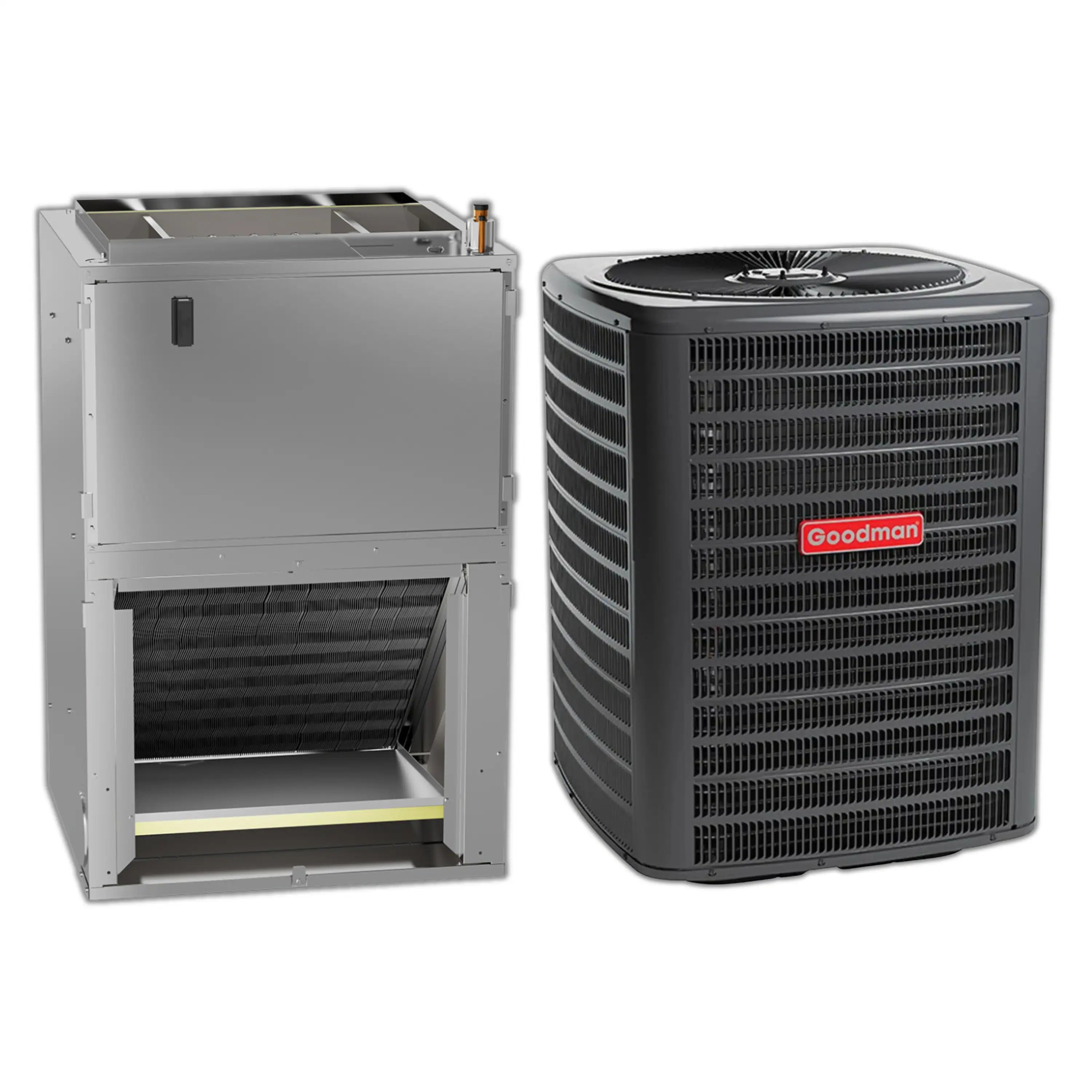 Goodman air handler with outdoor condensing unit side-by-side, both with front grilles.