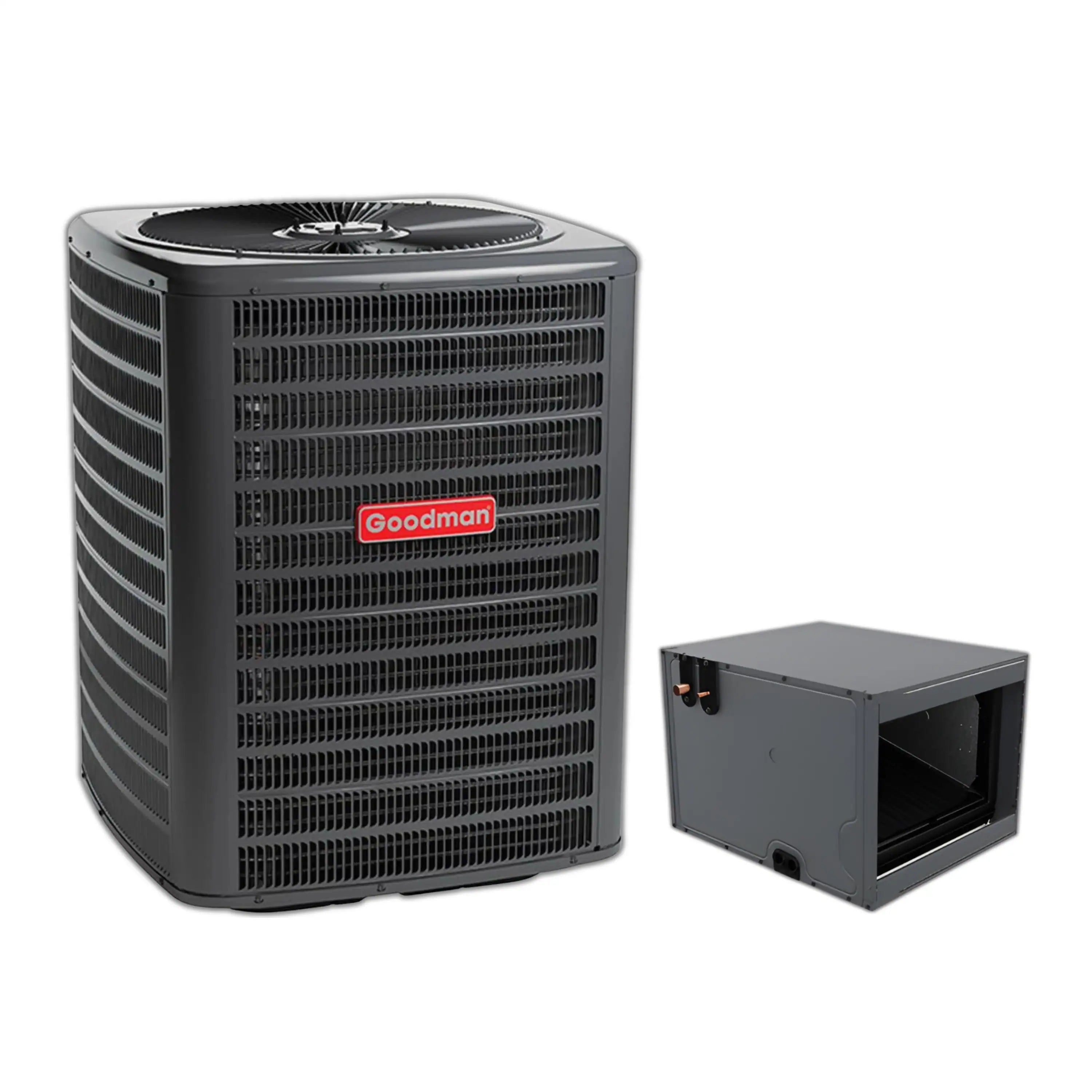 Goodman central air conditioner condenser unit with compact gray electrical box